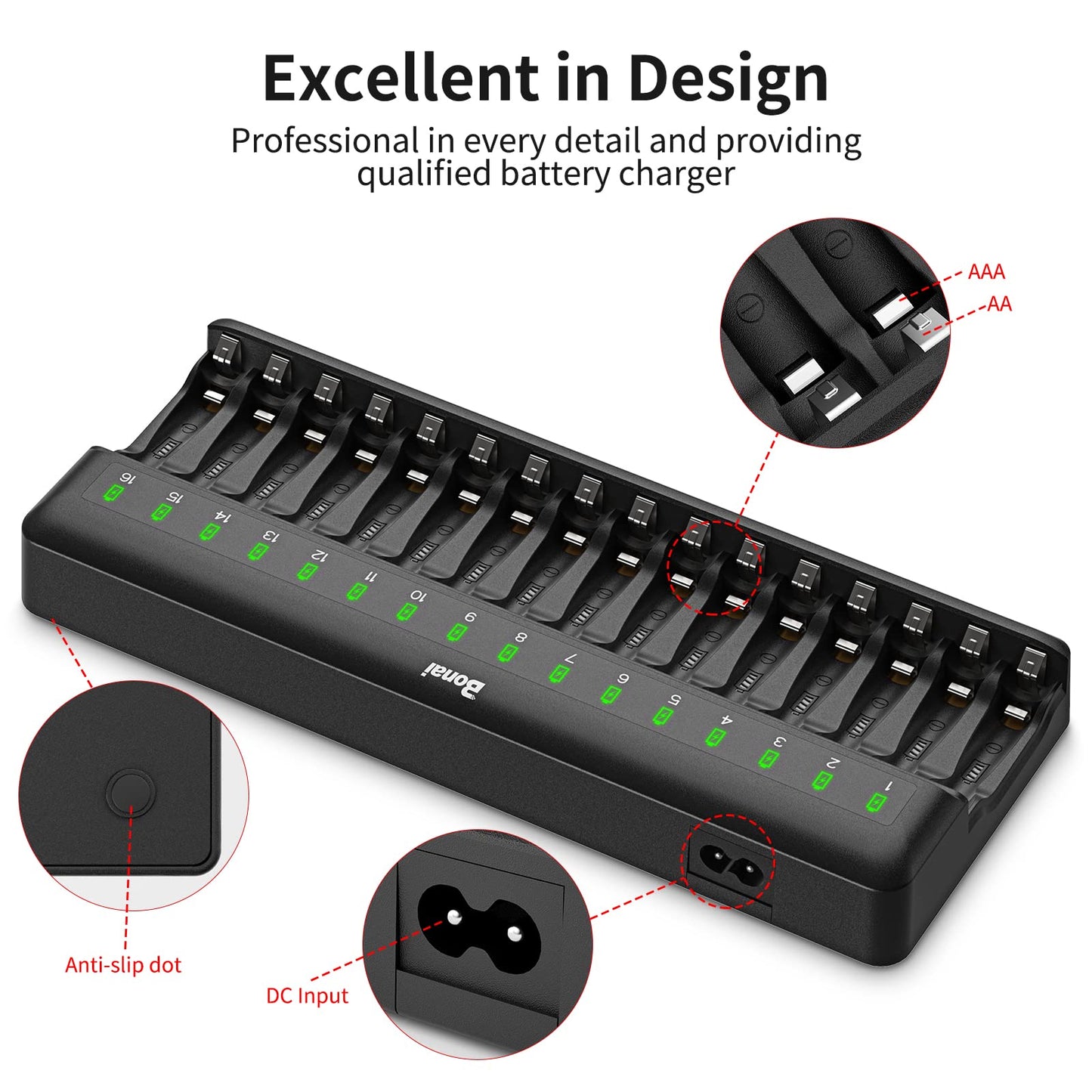 BONAI 16 Slot Battery Charger for AA AAA NiMH NiCD Rechargeable Batteries Independent Control with LED Light and Standard AC Charging Plug, Battery not Included - Black