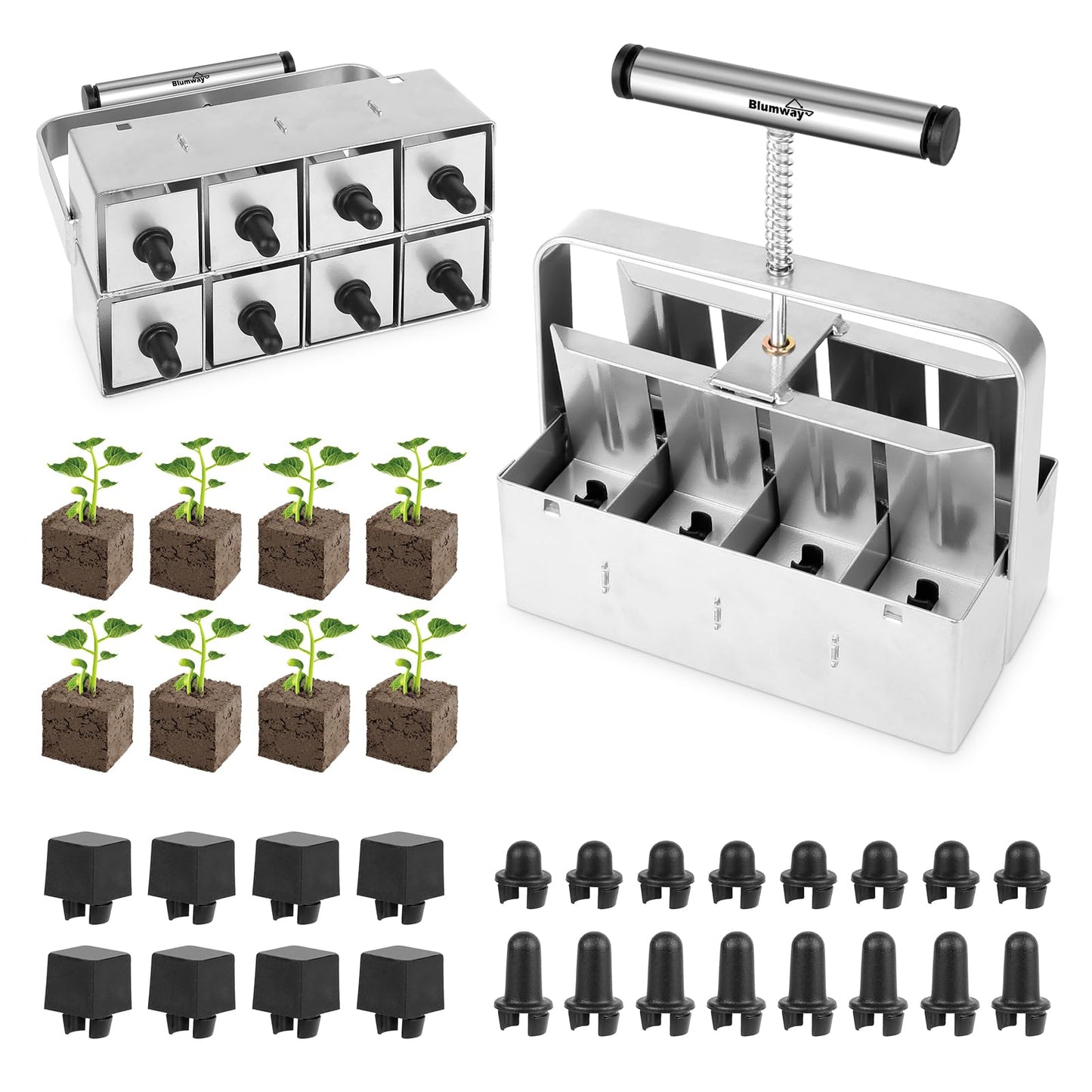 BlumWay Upgraded Soil Blocker, 8 Cell Seed Blocker 2 inch Quad Soil Block Maker Manual with 3 Types of Block Pins, Hand-held Soil Blocking Tool for Seed Stater Tray Outdoor Plants