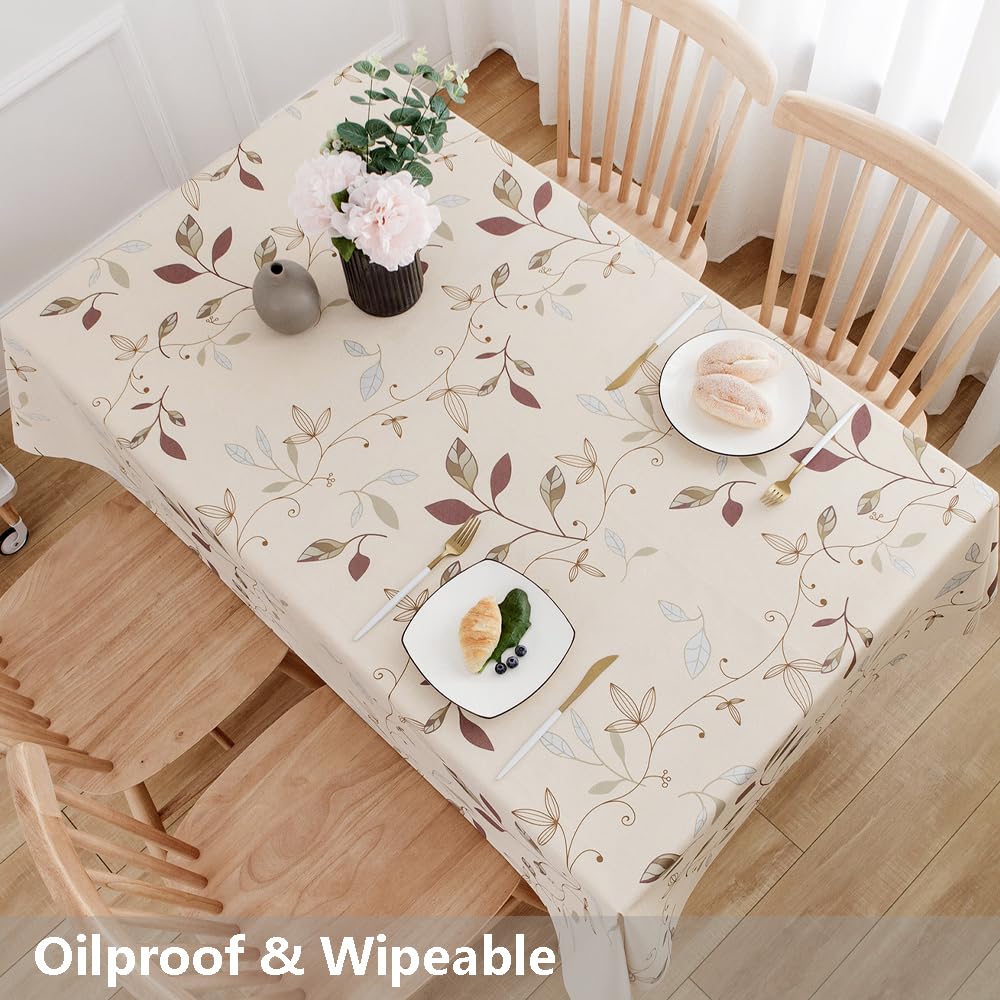 TruDelve Heavy Duty Vinyl Tablecloth Beige Plastic Table Cloth Waterproof Wipeable Oilcloth Tablecloths for Rectangle Tables (54'' x 72'', Leaves Beige)