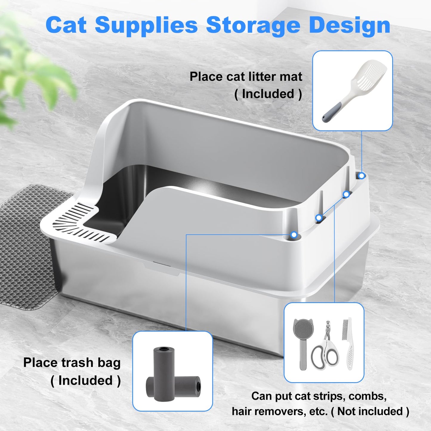 Stainless Steel Cat Litter Box with Lid, XL for Big Cats, High Sided Metal Litter Pan, Anti Leakage,Odor-Free & Easy Cleaning,Included Scoop &Trash Bag*2 & Mat & Sticker (White)