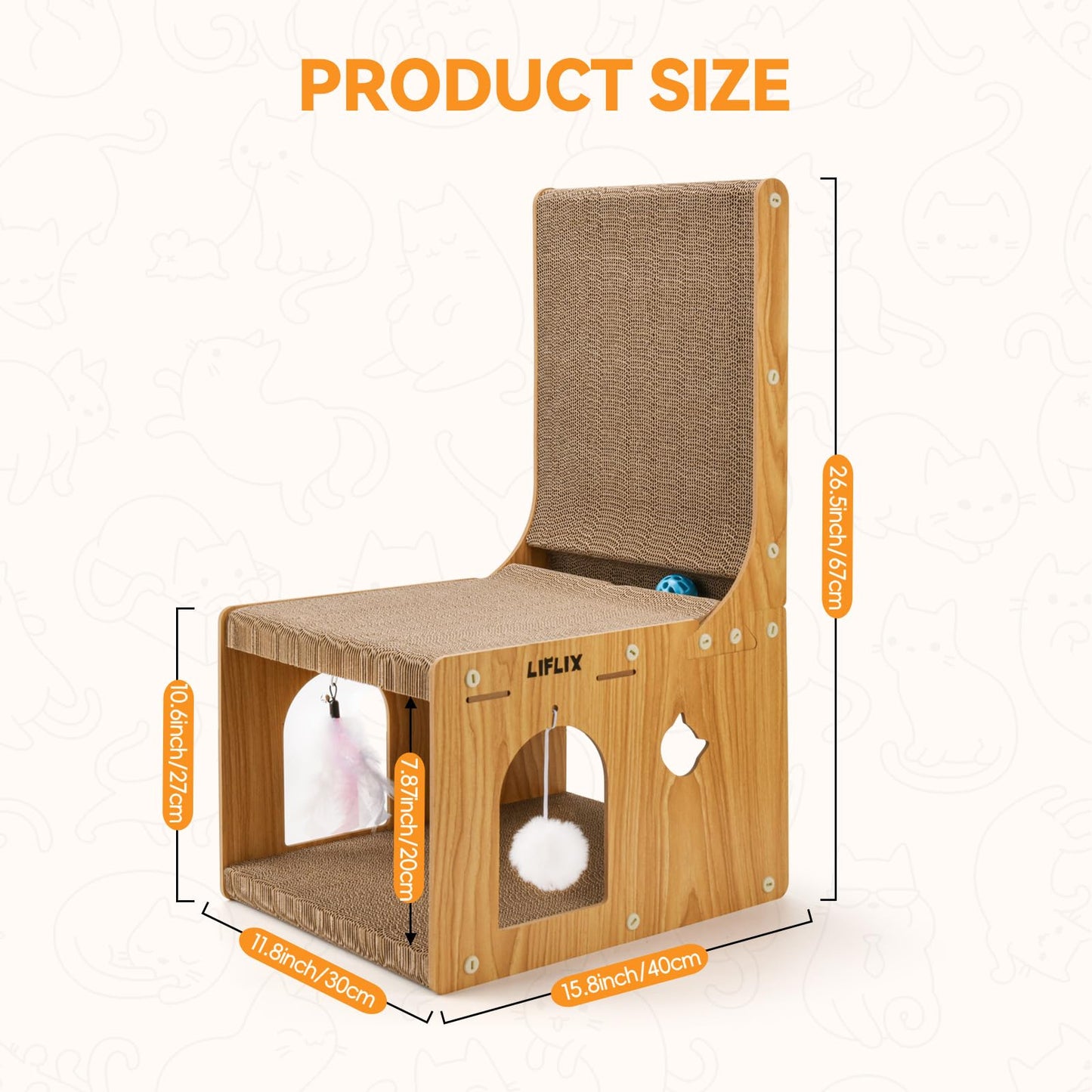 LIFLIX Double-Layer L-Shaped cat Scratching Board, Cardboard cat Scratching Post with Toys, Hideaway & Cat Scratcher for Indoor Cats to Scratch, Rest, Play