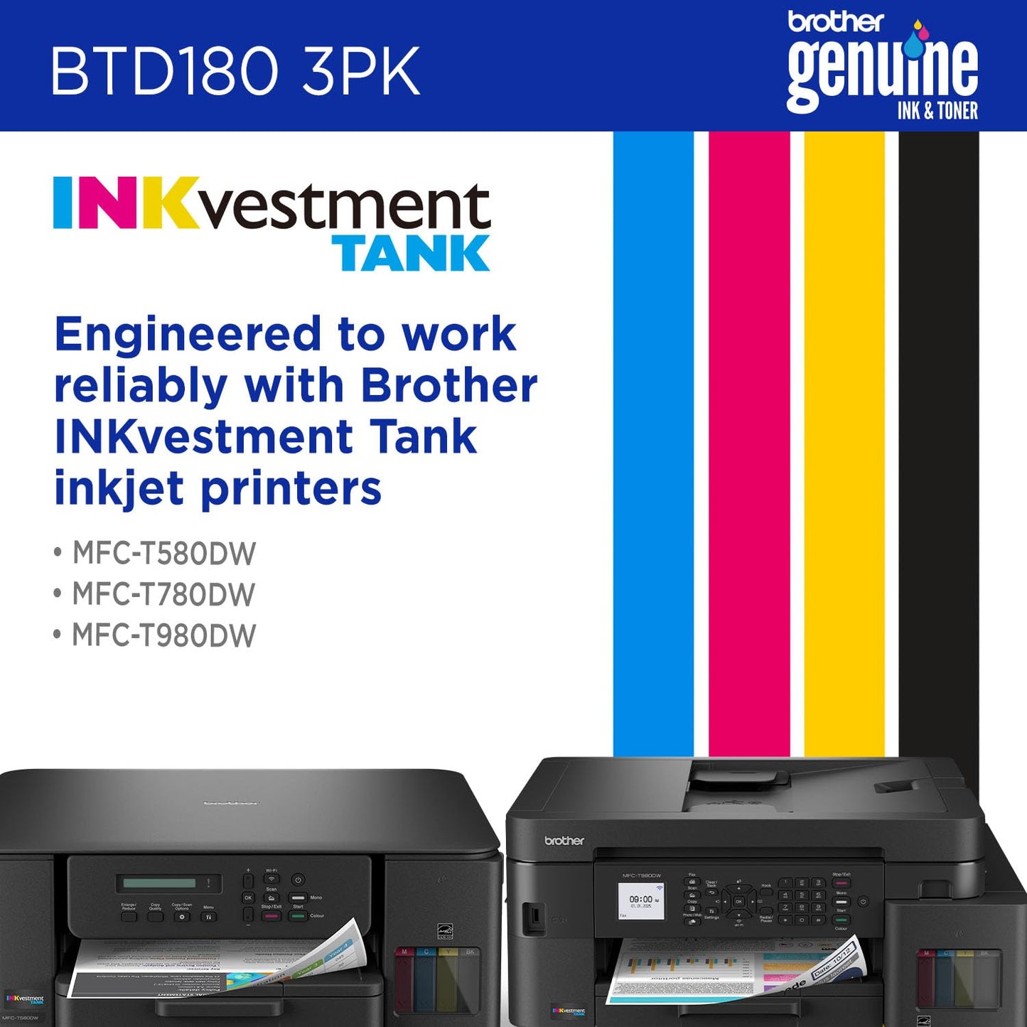 Brother Genuine BTD1803PKS High Yield Cyan, Magenta, Yellow Refill Ink Bottles Value Pack for Brother Super Tank Printer MFC-T580DW, MFC-T780DW, MFC-T980DW
