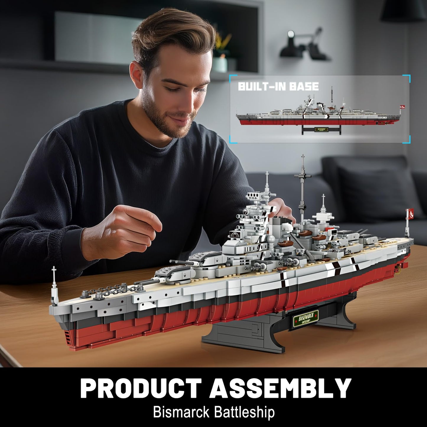 Brihappen Bismarck Battleship Building Kits for Adult Men Boys (2081Pieces) - Large Military World-Class Bismarck Battleship Model for Home Office Collection, Birthday Gifts for Building Blocks Lover