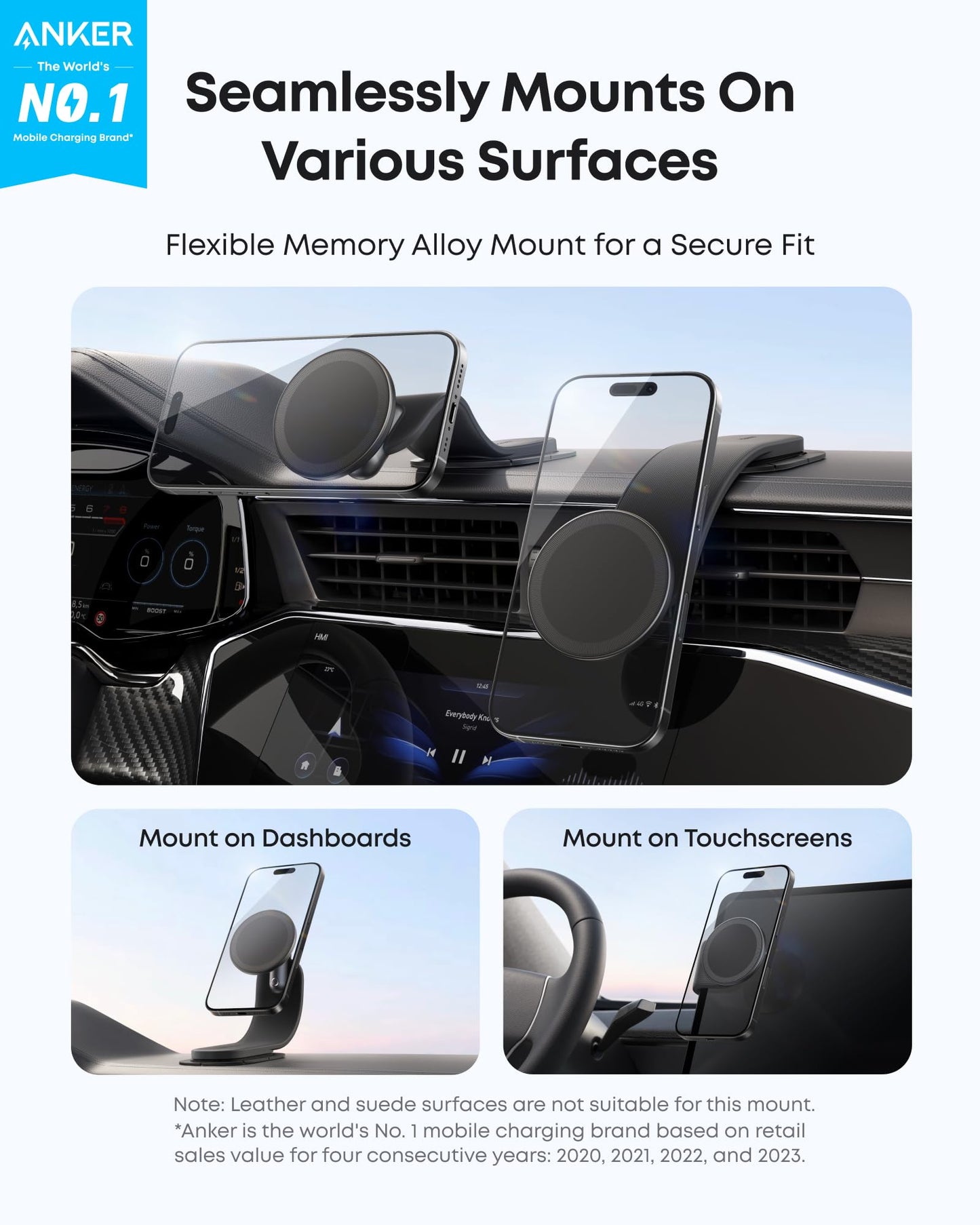 Anker Nano Detachable Car Mount, 360° Adjustable Car Phone Holder with Bracket and Magnetic Ring, for iPhone 16/15/14/13/12 Series, Samsung, and More (Magnetic Mount Only, Does Not Support Charging)