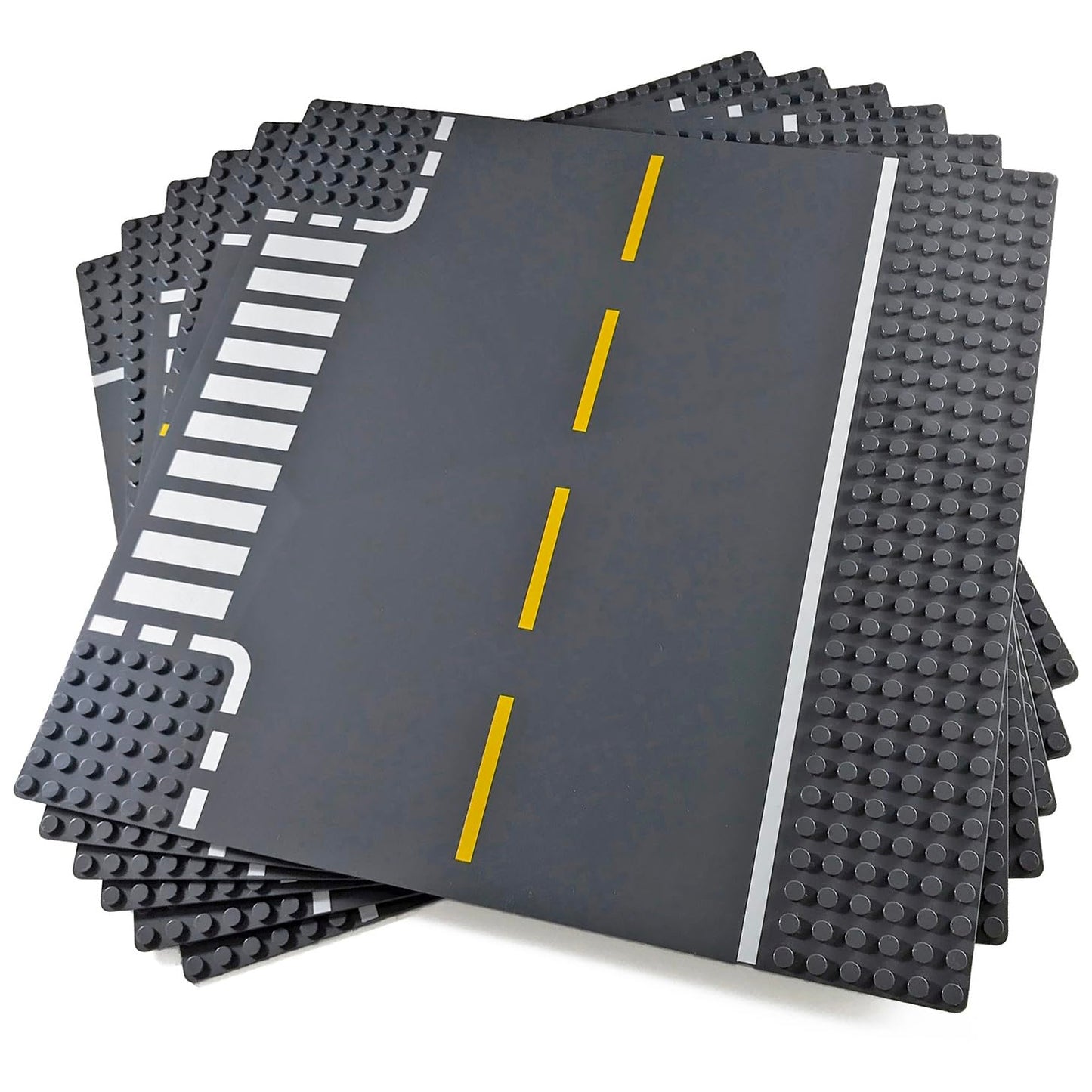 Apostrophe Games Road Baseplate – Premium Building Blocks Base Plates Compatible with All Major Brands – 6pcs Baseplate Gray with Road Design – Straight, Curve, Crossroad, T-Junction Gray Base Plates