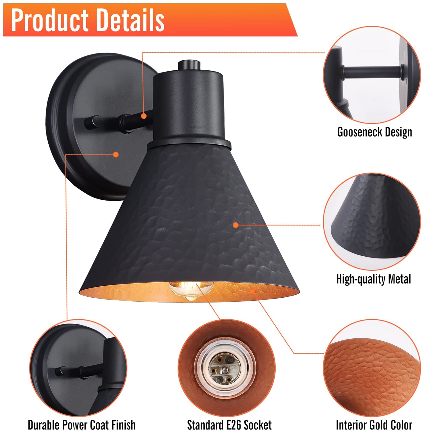 2 Pack Outdoor Wall Sconces - Wall Lights Fixture Exterior Farmhouse Porch Light with Hammered Metal Shade, Anti-Rust Waterproof Black Outside Barn Light for Front Porch Patio Garage Gazebo House