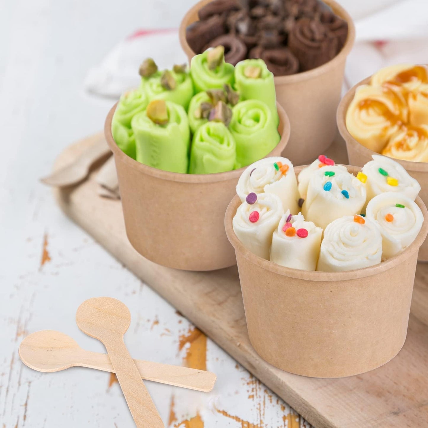Ruisita 50 Pack Heavy Duty Soup Containers with Lids Ice Cream Bowls with Lids and Spoons 8 Ounces Disposable Soup Bowls Ice Cream Sundae Cups Kraft Paper Cups with Lids Soup Containers To Go, Brown