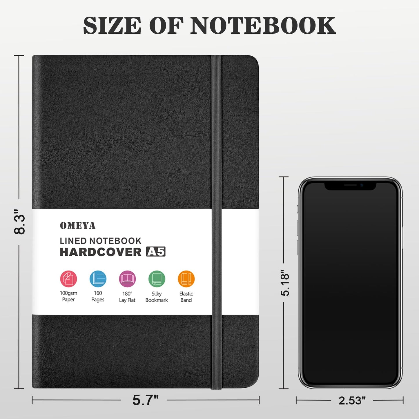 OMEYA 12 Pack A5 Black Lined Journal Notebooks for Work, 100gsm Thick Paper, 5.7"x 8.3", College Ruled Notebooks Bulk, Leather Journal for Writing, Hardcover Notebooks for School, Office