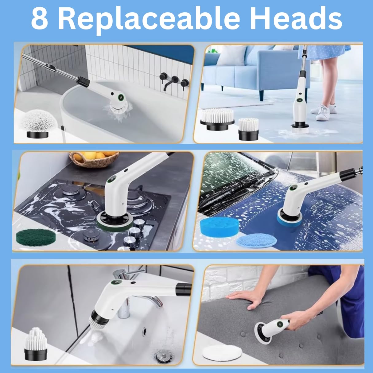 10-in-1 Electric Spin Scrubber Cordless Electric Cleaning Brush with 8 Replaceable Heads, Adjustable Long Handle, IPX7 Waterproof Shower Scrubber for Bathroom, Kitchen, Tile, Floor, Car
