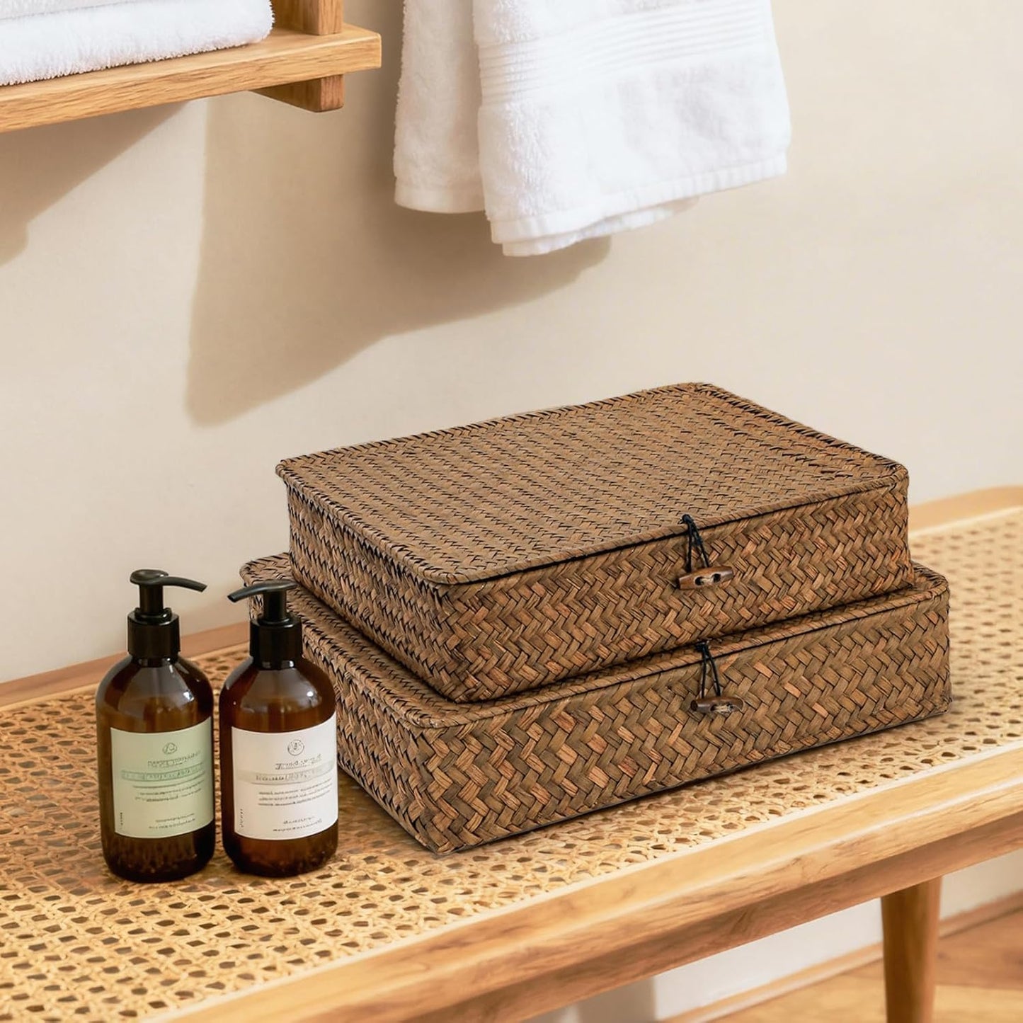 Elsjoy 2 Pack Flat Seagrass Storage Bins with Lid, Wicker Woven Storage Basket Set, Rattan Organizer Bins for Shelf, Closet, Bedroom