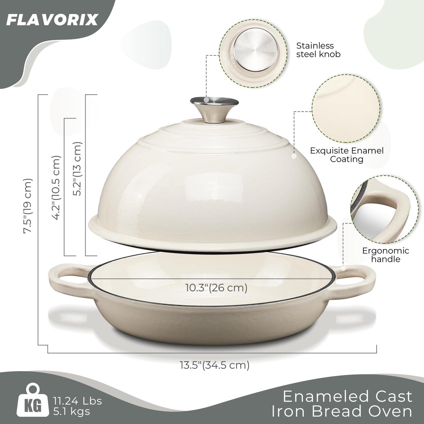 FLAVORIX Enameled Cast Iron Bread Oven for Sourdough, Dutch Oven for Bread Baking with Lid, Dutch Oven Bread Pan, 6 Qt, White