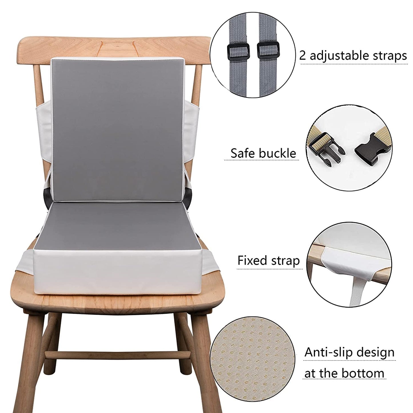 Kalawen Booster Seat for Eating, Upgraded 2Pcs PU Washable Straps Safety Buckle Toddler Booster Seat for Dining Table Portable(Grey)