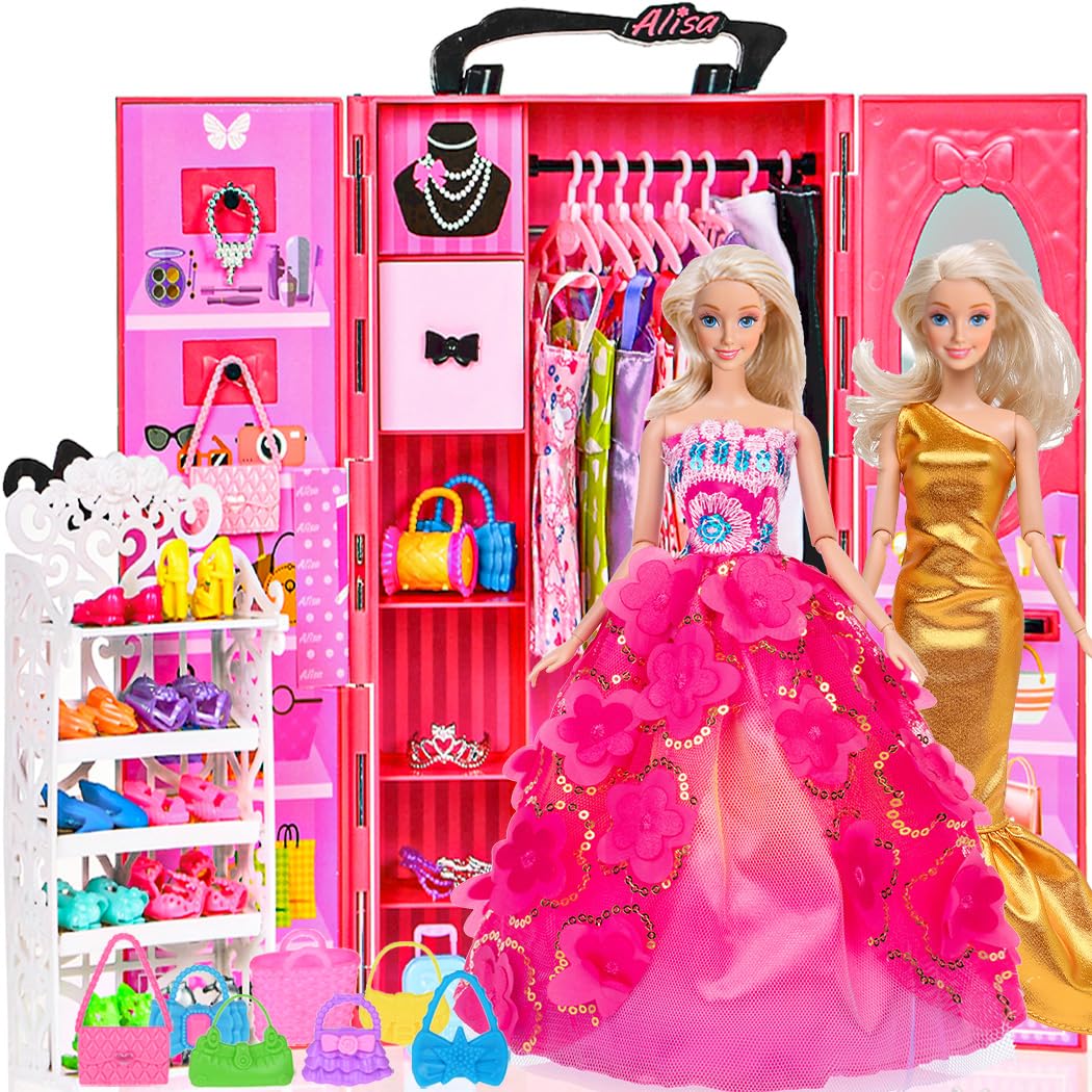 ebuddy 105 Pcs Doll Clothes and Accessories 11.5 Inch Doll Closet Including 12 Looks, Rack Dress Shoes Hangers Necklace and Other Accessories(No Doll)