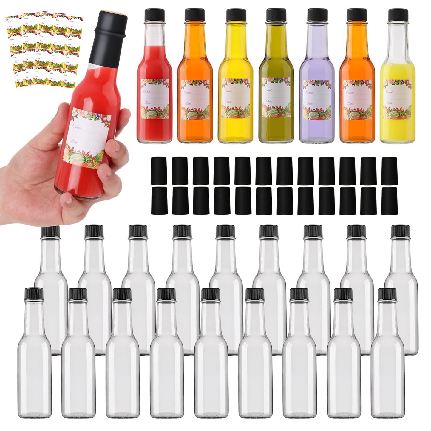 EkkoVla 25 Pack 5 oz Clear Glass Hot Sauce Bottle with Black Caps and Orifice Reducers, Clear Woozy Bottles Empty Wine Bottles with Shrink Capsules Colorful Stickers