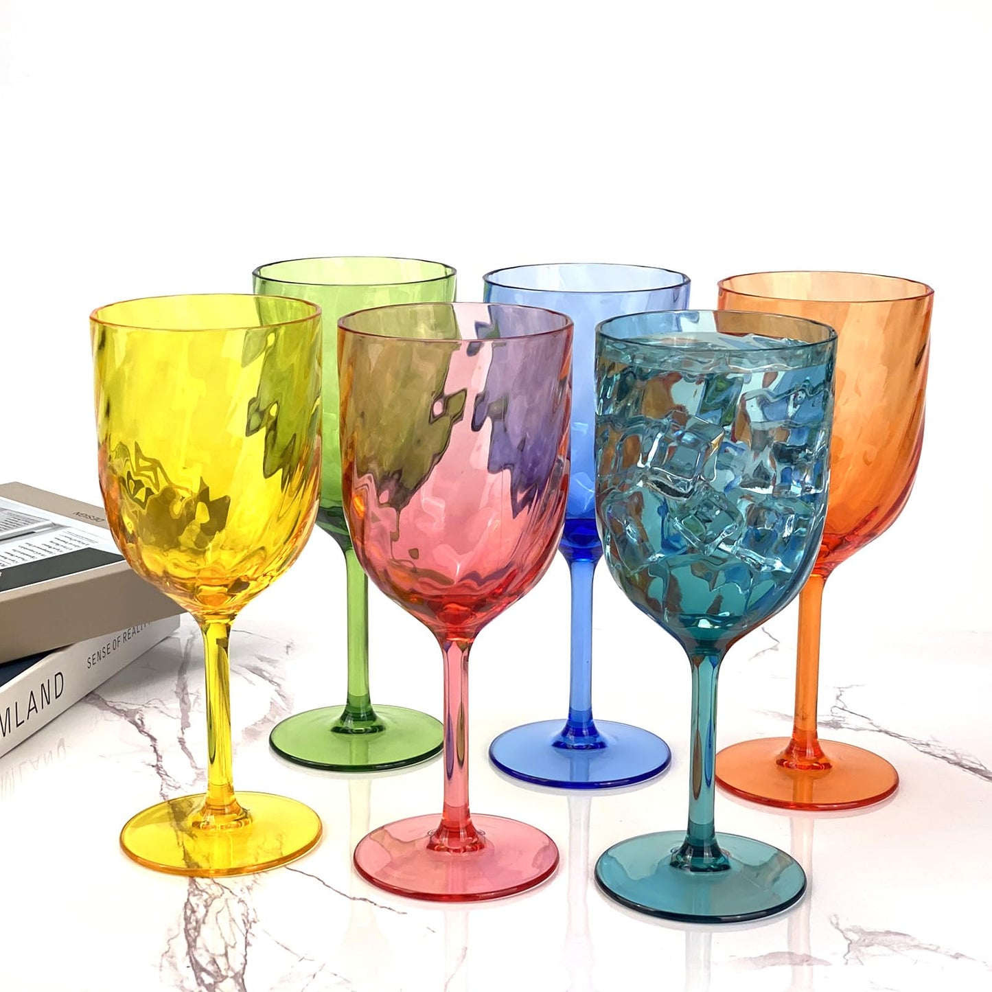 Yalin Set of 6 Unbreakable 12 oz Acrylic Plastic Wine and Water Tumbler Stackable Goblets. (Multicolor, 15 oz)