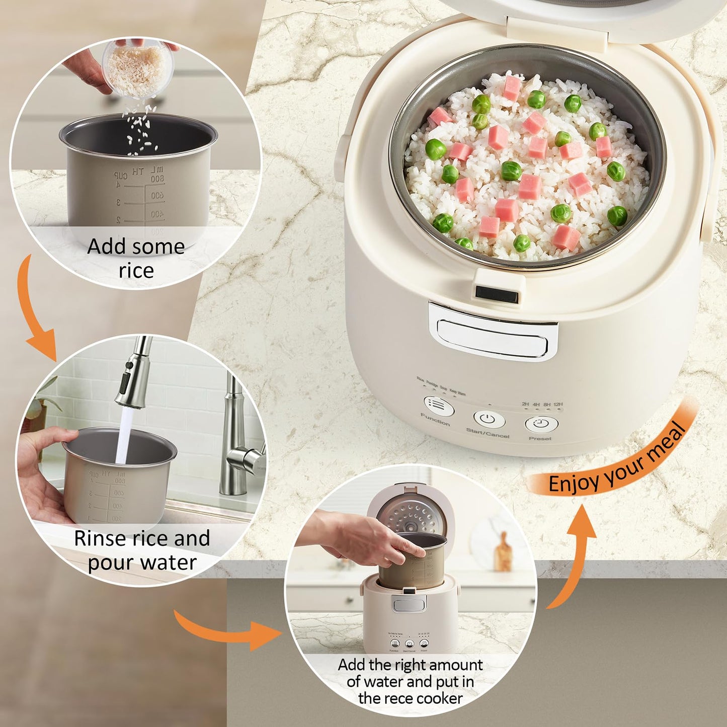 Rice Cooker Small – Mini Rice Cooker 2 Cups Uncooked – 1.2 Quarts Portable Rice Maker with Non-Stick Coating, BPA Free, 12-Hour Timer Delay & Auto Keep Warm & One-Touch for Dorm Office Travel 1-2 Person (Beige)