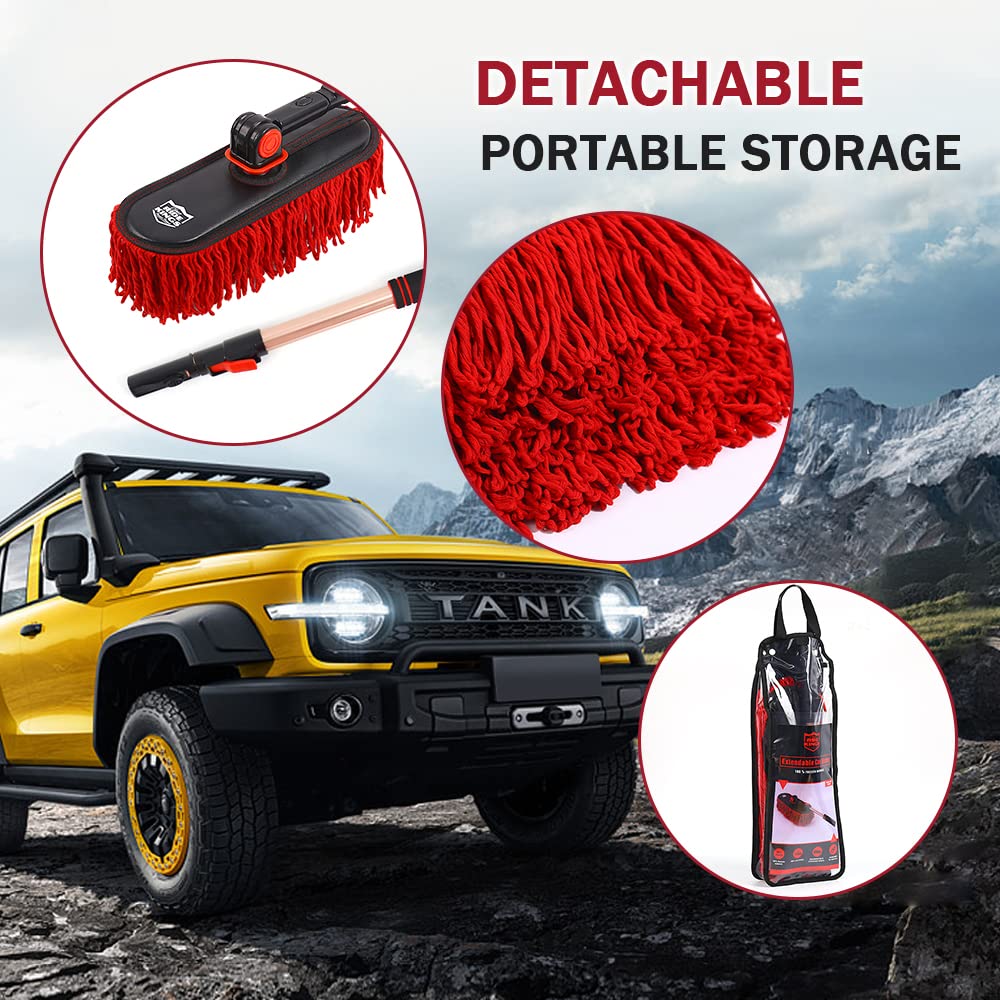 RIDE KINGS Car Duster Exterior Scratch Free,Car Dust Brush with Extendable Telescoping Handle to Remove Dust Pollen,Duster for Car,Truck,RV and Motorcycle,Large Auto Mop Duster Head, Wax Cotton Hair