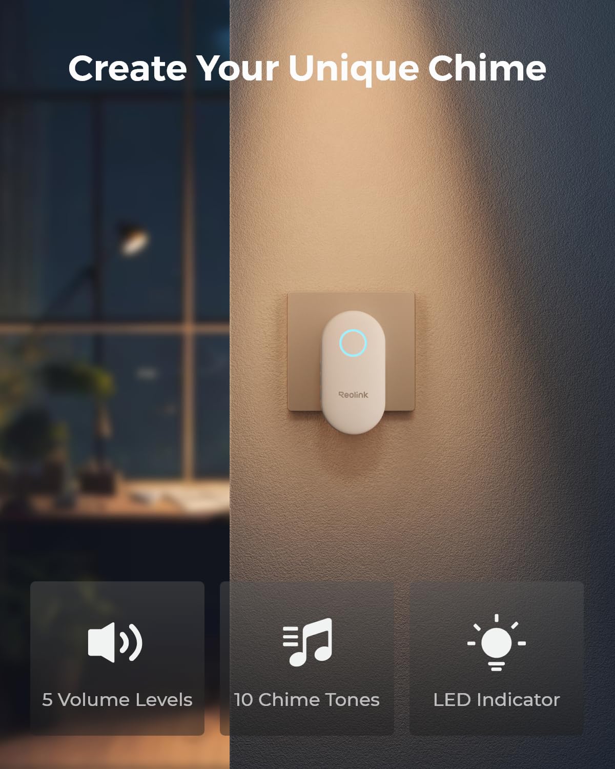 Reolink Chime (Add-on Accessory), ONLY for Reolink Video Doorbell V2, Plug-in Indoor Doorbell Chime, App Remote Control, Adjustable Ringtones & Volume, Easy Plug & Play