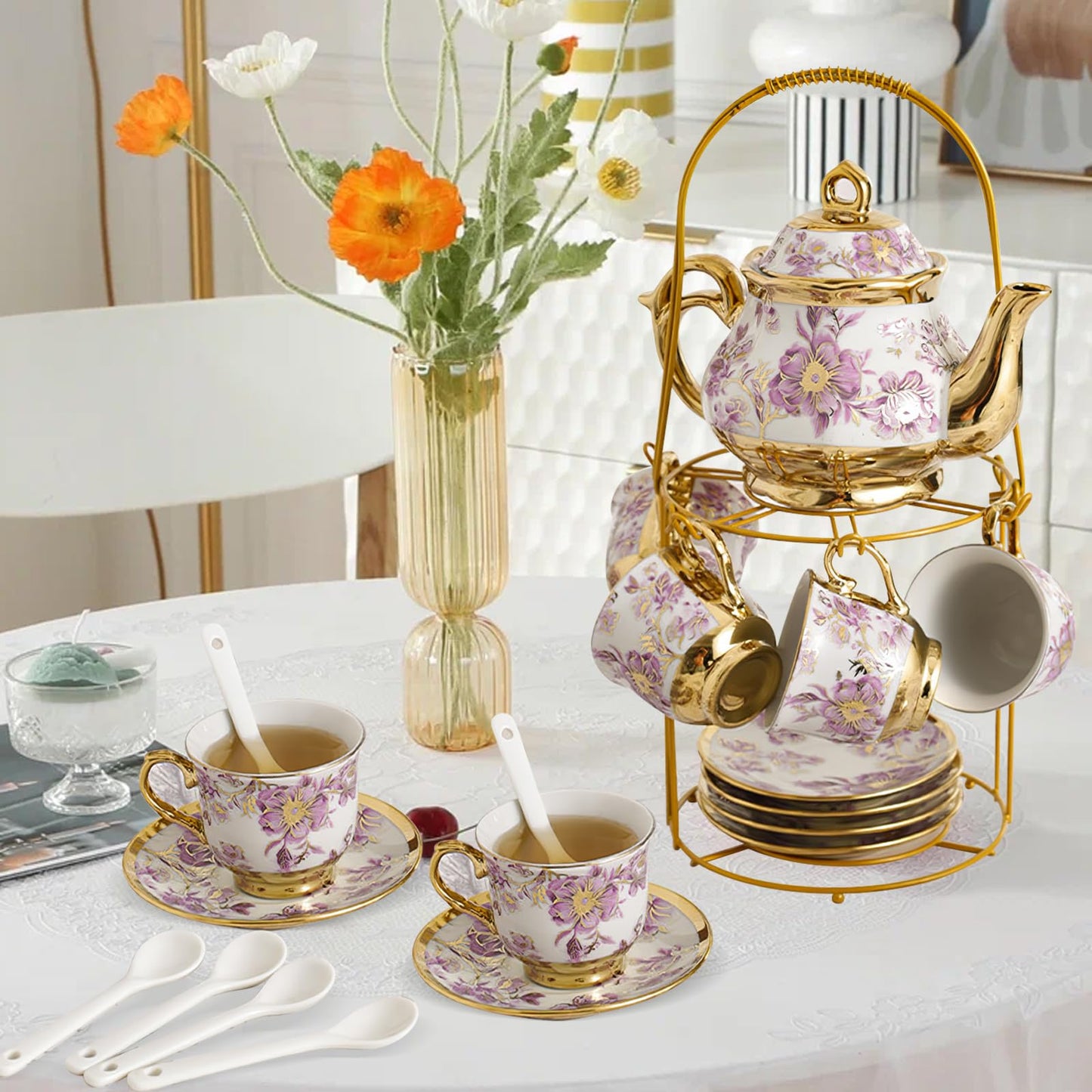 20Pcs Porcelain Tea Set for Adults, European Ceramic Tea Set Flower Ceramic Tea Cups (3oz), Teapot (15oz), & Saucers with Metal Holder for Women Tea Party (Purple)
