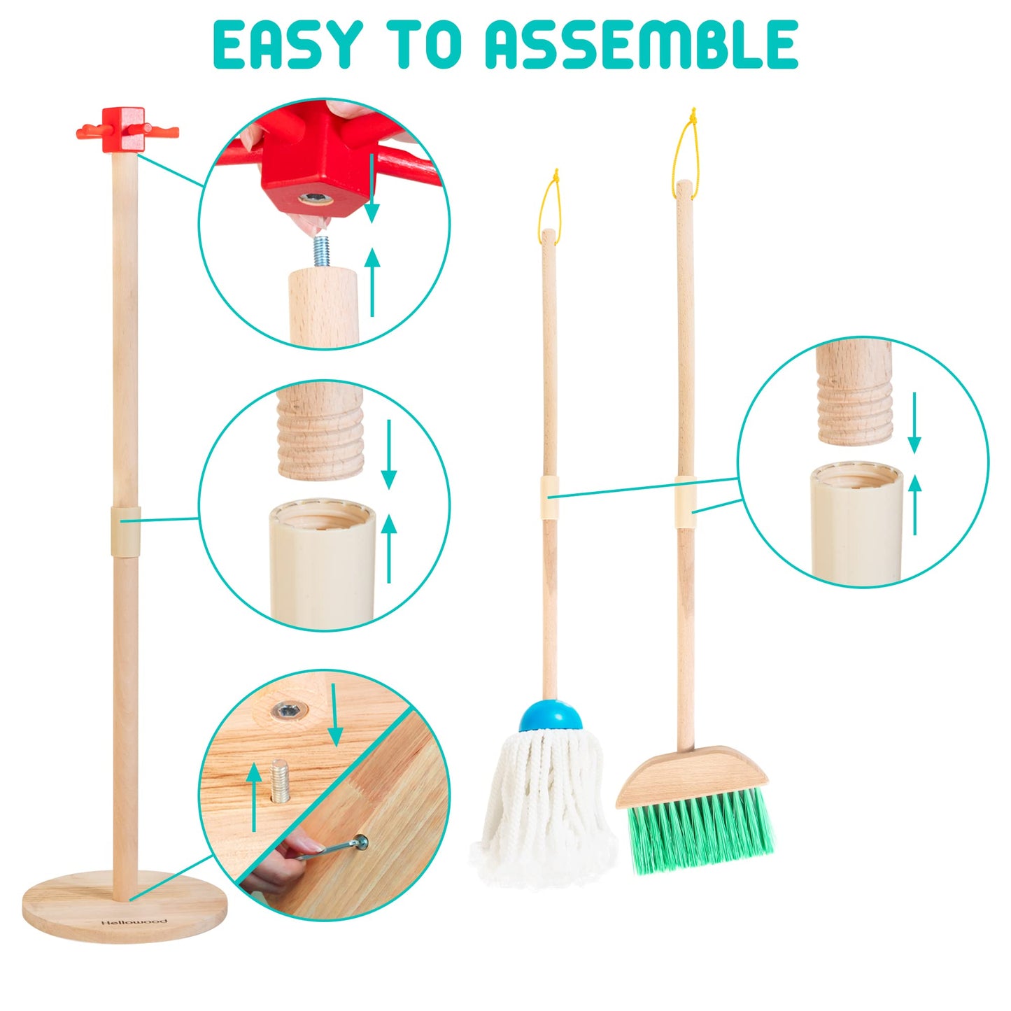 HELLOWOOD Kids Cleaning Set, 8 Pcs Wooden Housekeeping Play Set Includes Broom Mop Duster Dustpan Brushes Rag and Organizing Stand, Cleaning Toys Gift for Toddlers Girls Boys Age 3-6, Solid Beech Wood