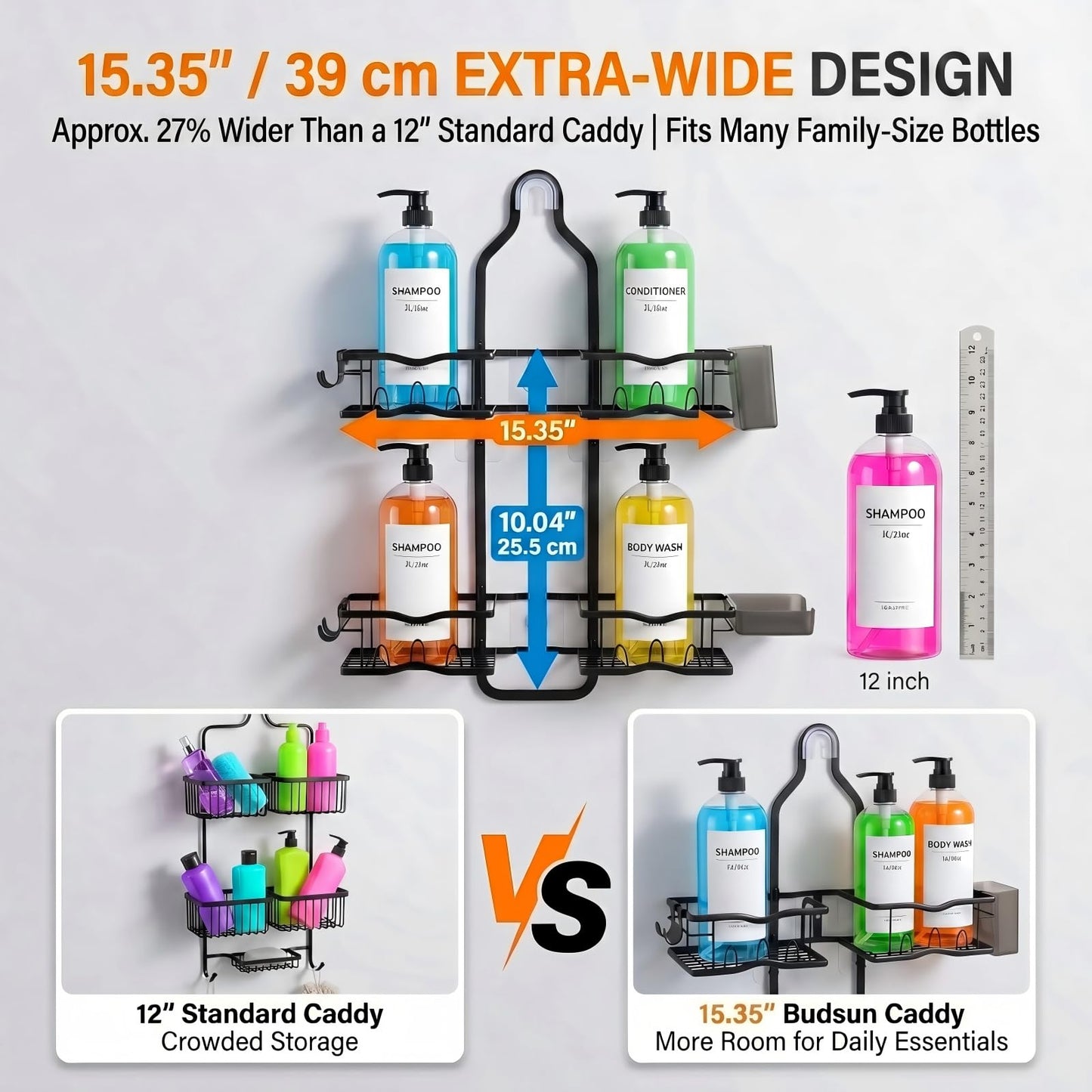 Budsun 2-Tier 15.35" Extra Wide Hanging Shower Caddy for Handheld Shower Head, Rust-Resistant No-Drill Organizer, Anti-Swing Rack, Soap Holder, 4 Adhesive Hooks, Black/Étagère de douche