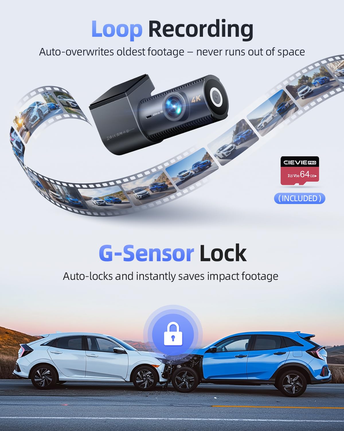 CIEVIE Dash Cam Front and Rear Camera, 5G WiFi & GPS & 64GB Card, 4K+1080P Dual Dash Camera for Cars, 1.5" Display Dashcam, Night Vision, 24H Parking Mode, G-Sensor, Loop Recording, WDR, 170° Angle