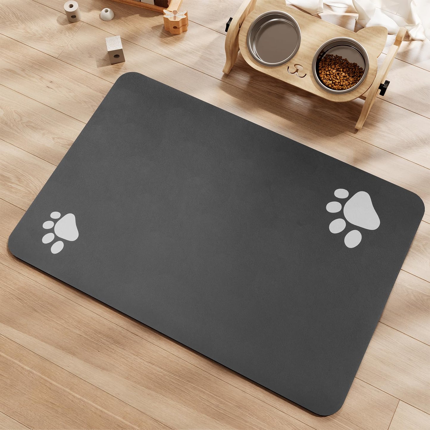 Dog Cat Food Mat Pet Bowl Mat Absorbent No Stains Quick Dry-Innovative Pet Supplies Dog Cat Accessories-Water Dispenser Mat for Messy Drinkers-Dark Grey with Paw Pattern 17"x34"