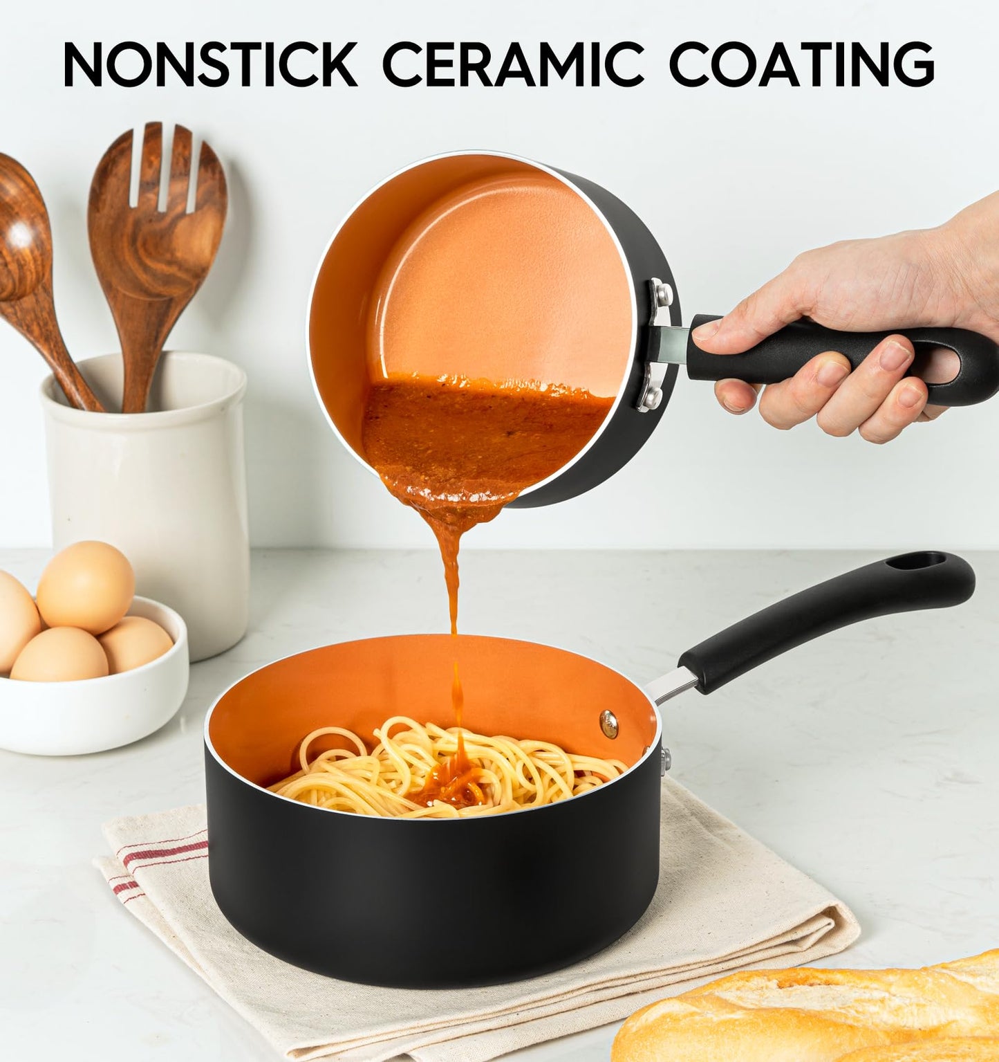 MICHELANGELO Nonstick Sauce Pan Set with Lid, 1QT&2QT&3QT Ceramic Copper Saucepan Set, Non Toxic Sauce Pots for Cooking, Multipurpose Cooking Pots Set, Dishwasher Safe, Induction Compatible