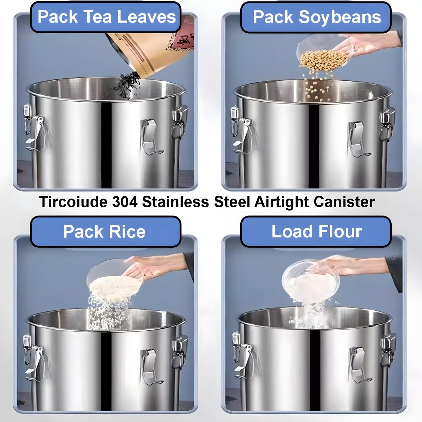 Tircoiude 304 Stainless Steel Kitchen Canisters, Flour Storage Container with Lid Locking Clamp Metal Food Airtight Canister for Kitchen Bean Oil Cereal Stainless Steel Bucket(Handheld)6L/1.5gal
