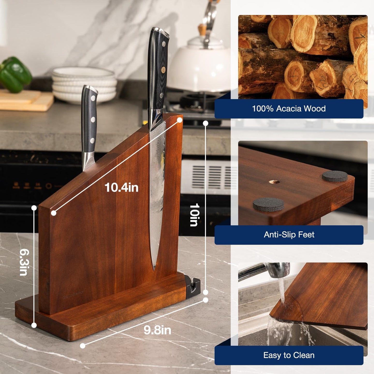 Gourmetop Magnetic Knife Block, Magnetic Knife Holder with Built-in Sharpener, 100% Acacia Wood Magnetic Knife Block Without Knives, Double-Sided Magnetic Knife Holder for Countertop, Dark Wood