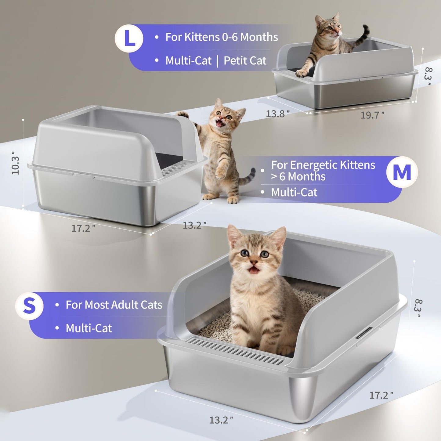 Fusblom 2 Pack Stainless Steel Cat Litter Box with Scoops, Non-Stick Easy Clean Metal Litter Box with Lid, Anti-Leakage Semi-Enclosed for Kittens/Multi-Cats, Medium-Dark Grey & Light Grey