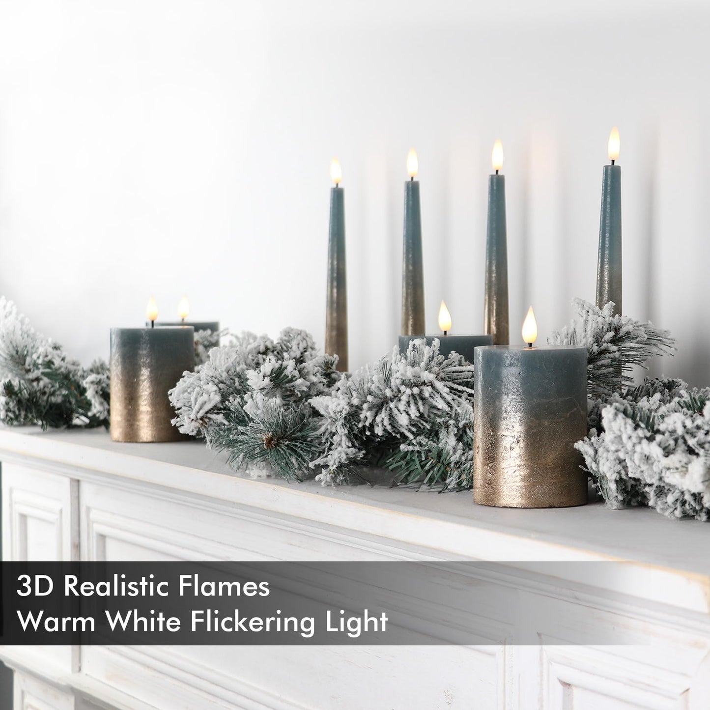 Fanna Flameless LED Pillar Candles with Timer for Wreath, Battery Operated Rustic Wax Candles with Remote for Christmas, 8 Batteries Included - Set of 4 (D 7.5cm x H 10cm) - Misty Blue/Copper