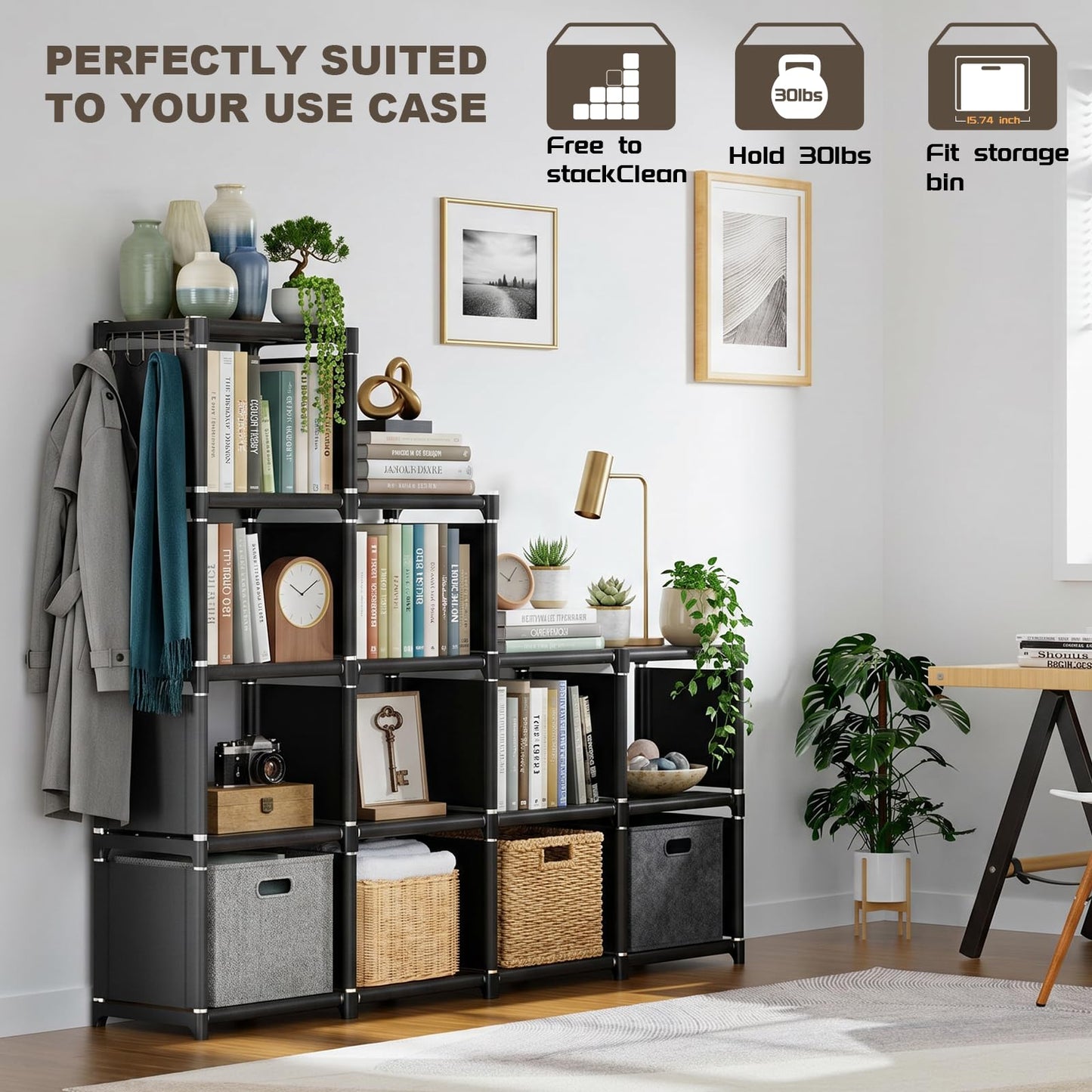 Mavivegue Bookshelf,12 Cube Storage Organizer,Book Shelf Organizer,Tall Bookcase Shelf, Cube Shelf, Cubbies Closet Storage Organizer Shelves for Bedroom,Living Room,Home,Office (Black)