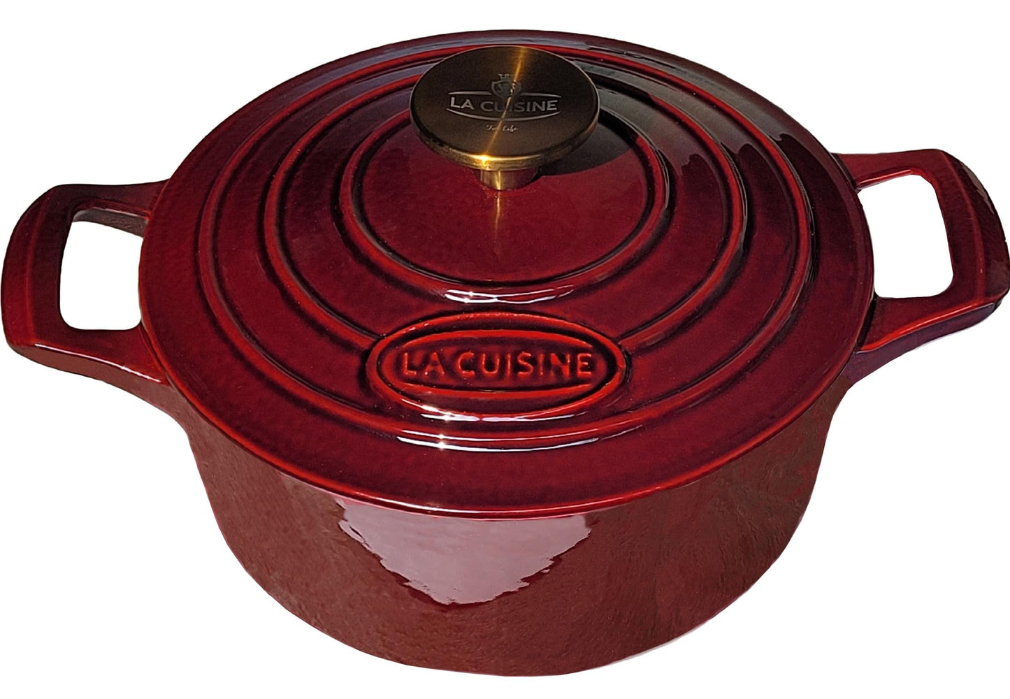 La Cuisine Enameled Cast Iron Dutch Oven Casserole Dish Pot with Lid, 2.1 QT 7.9“ /20cm Dia. Internal Matte Black Enamel Coating, Gold-Plated SS Lid Handle Oven Safe up to 500° F, Cranberry