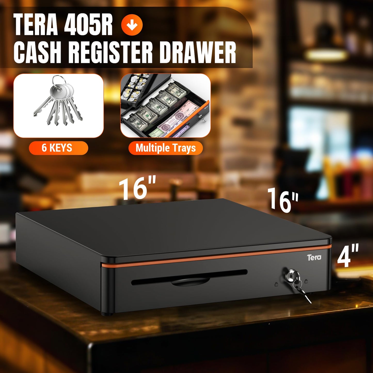 Tera 16" Auto Open Cash Register Drawer Insert Tray 5 Bill 8 Coin for Point of Sale (POS) System with Removable Cash Tray Media Slot 24V RJ12 Key-Lock (Round Corner) for Small Businesses Retail 405R