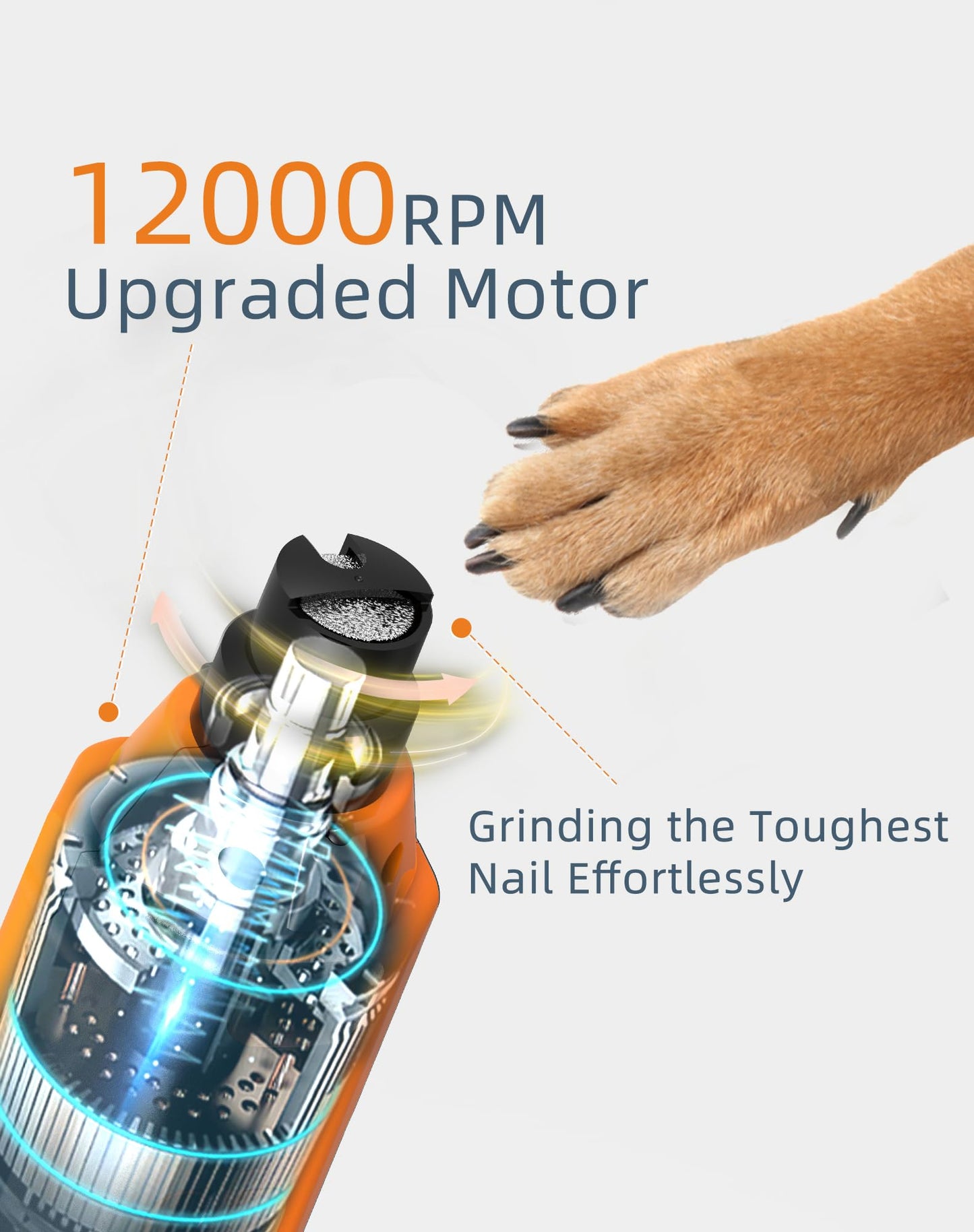 Pet Nail Grinder, Super Quiet 45 dB, 6-Speed 12000 RPM, 2 LED Lights, 3 Grinding Ports, Dust Cap, 2 Extra Grinding Heads