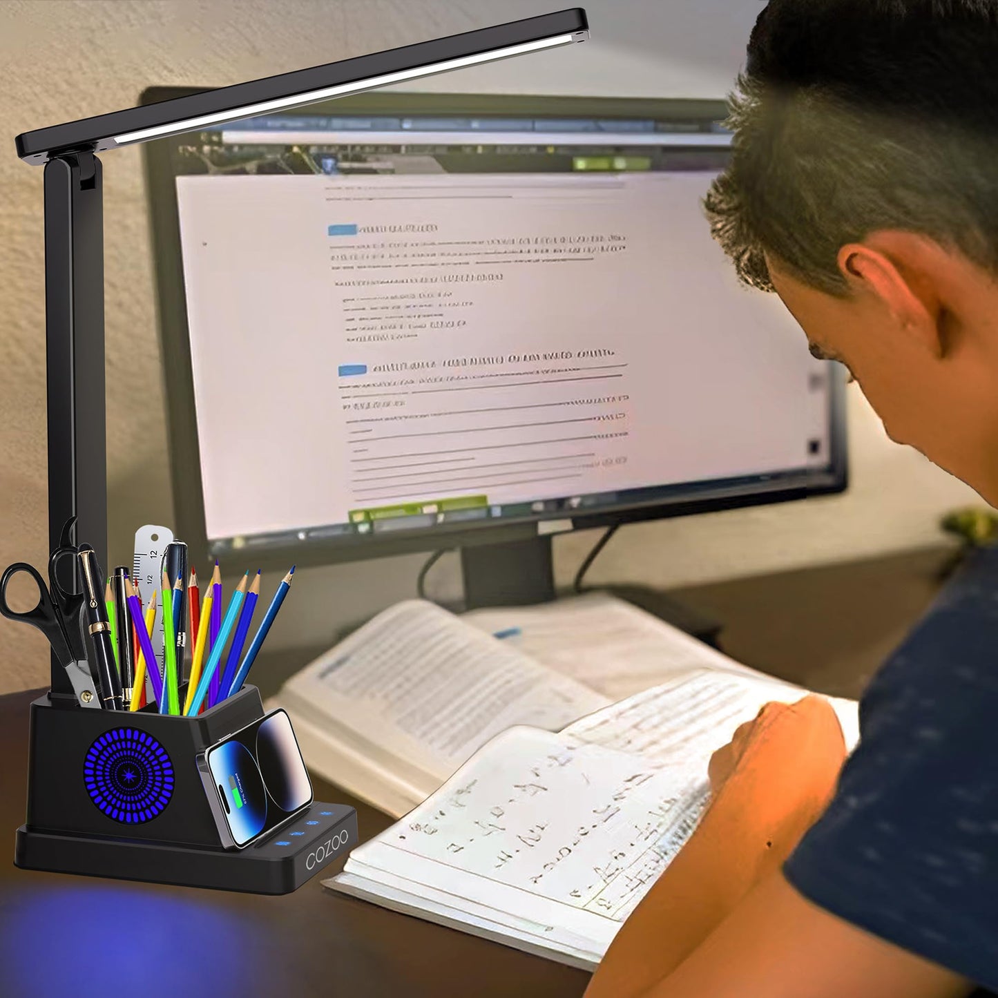 cozoo Desk Lamp,LED Desk Lamps for Home Office,Wireless Charger Small Lamp with Pen Holder,Color Changing Nightlight,12 Lighting Modes,Table Light fot Nail, Lamps for College Dorm Room