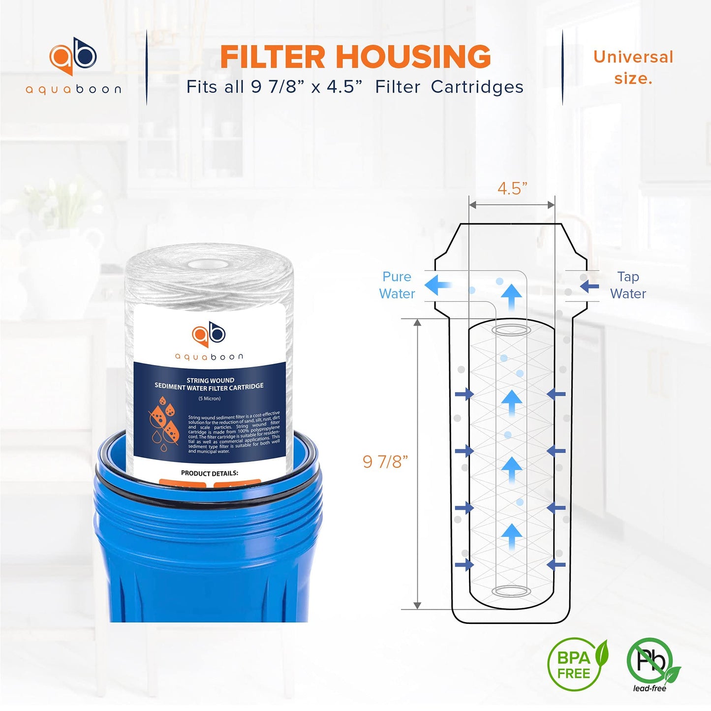 Aquaboon 5 Micron Water Filter 10 x 4.5 inch - String Wound Water Filter for Whole House System - Compatible with 84637, WPX5BB97P, PC10, 355214-45, 355215-45, WP10BB97P, WP5BB97P 2 Pack
