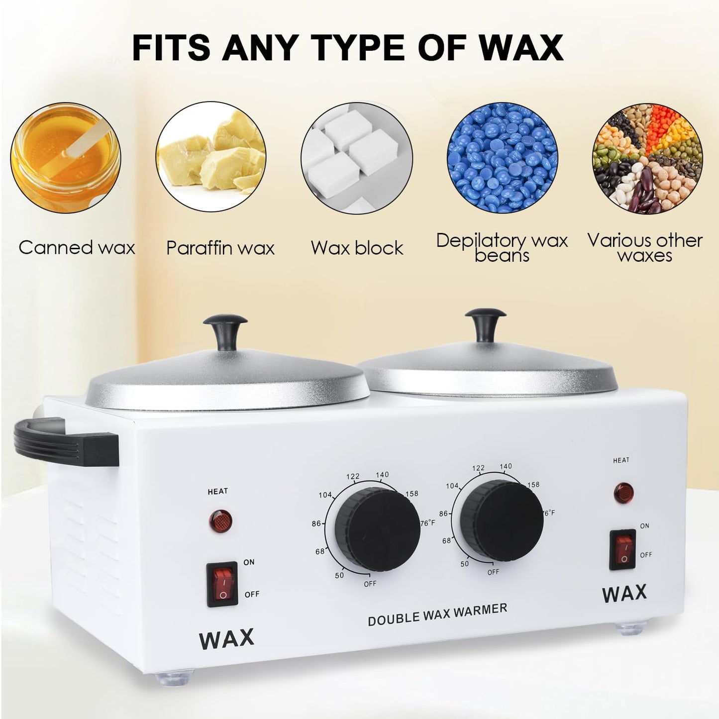 Professional Dual Wax Warmer for Hair Removal, Double Electric Wax Heater Machine with 150pcs Wax Sticks-Wax Pots with Adjustable Fahrenheit Dial for Facial Skin Body SPA Salon Equipment