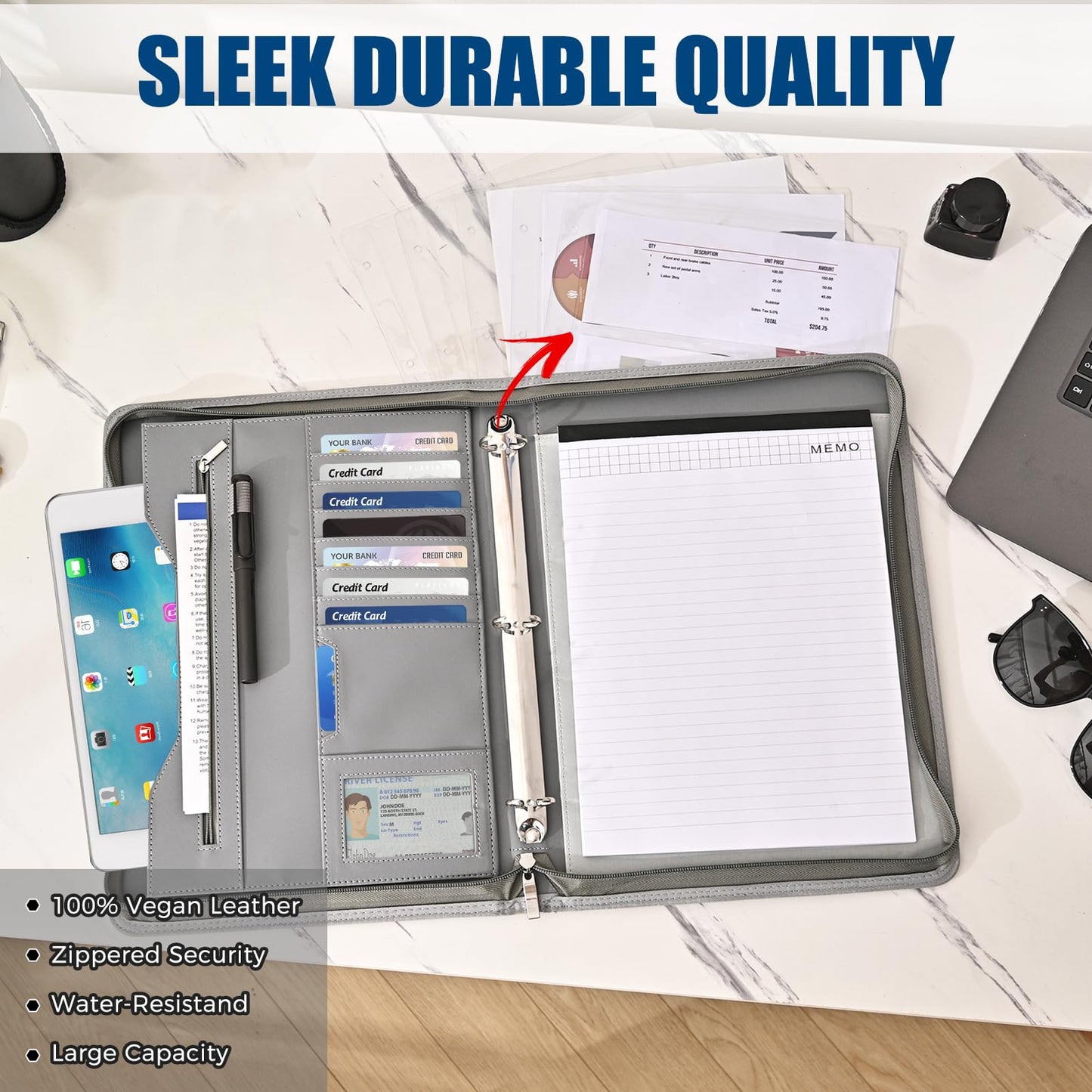 Deziliao 3-Ring Padfolio Portfolio Binder Organizer, Document Organizer Folio, 10.4 Inch PU Leather Business Portfolio with Zipper, Business Planner Notebook Organizer for Women/Men（Grey） D00070