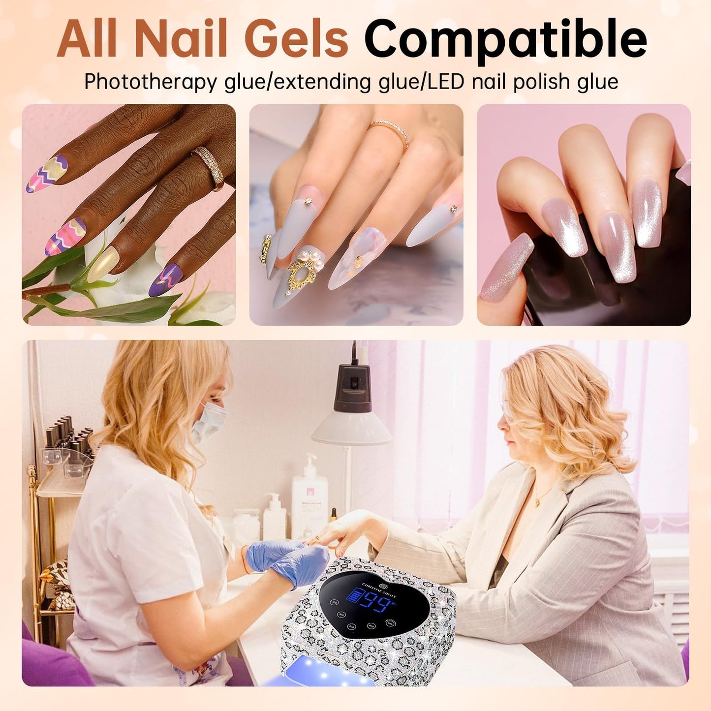 CHRISTINE SHELLY UV LED Nail Lamp 72W Rechargeable Sparkly Wireless Nail Dryer Gel Polish Light with 5 Timer Setting Professional Quick Dry Curing Lamp with Display Auto Sensor for Salon & Home