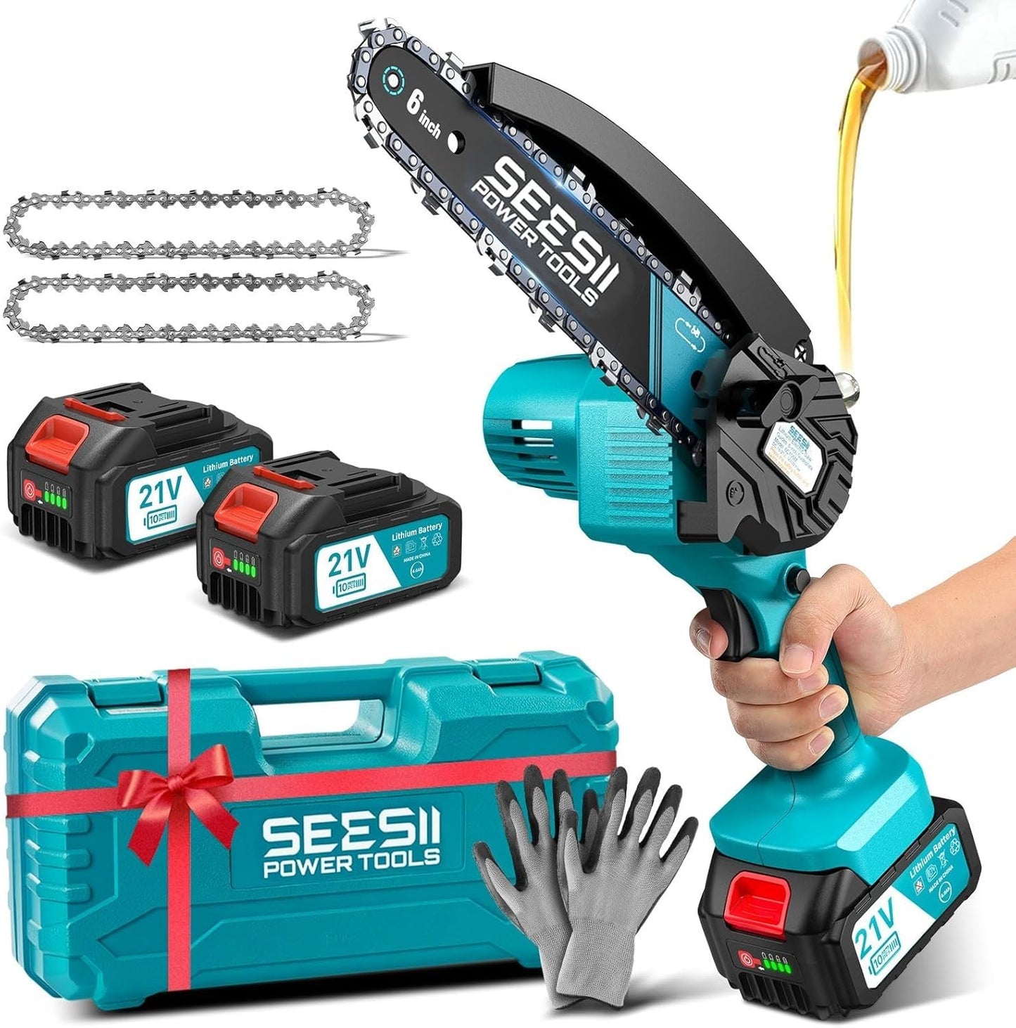 SEESII Mini Chainsaw 6 Inch: Electric Chainsaw with 2PCS 4000mAh Batteries & Oiler - 900W Motor for Quick Work - Saw for Branch Cutting - Gifts for Father Day Men Women Dad Mom Gardener (M6 Pro)