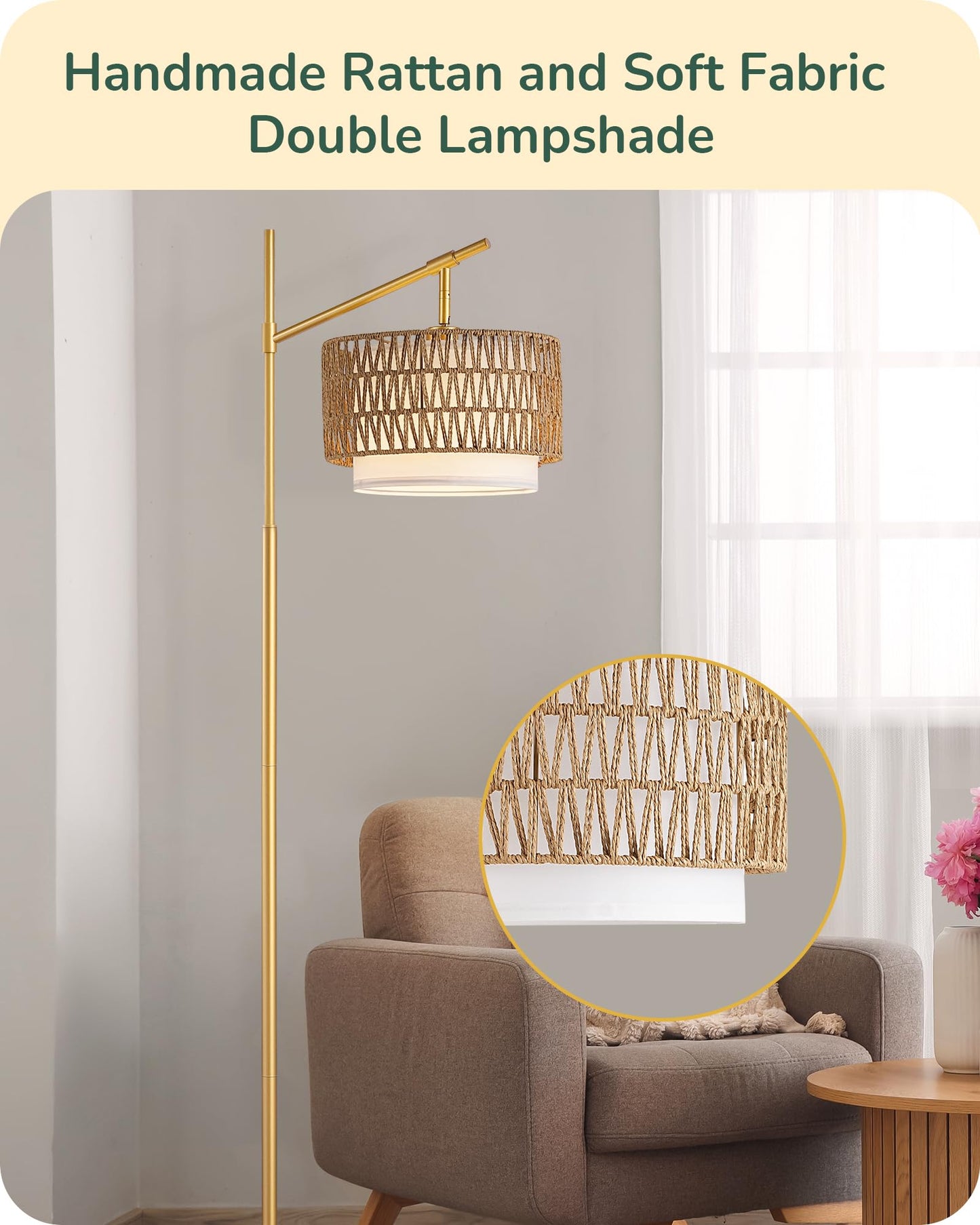 EDISHINE 64" Arc Floor Lamp with Remote, Gold Farmhouse Standing Lamps for Living Room, Rattan & Fabric Dual Shades, Dimmable LED Bulb, Foot Switch, Adjustable Head Boho Lamp for Bedroom, Nursery