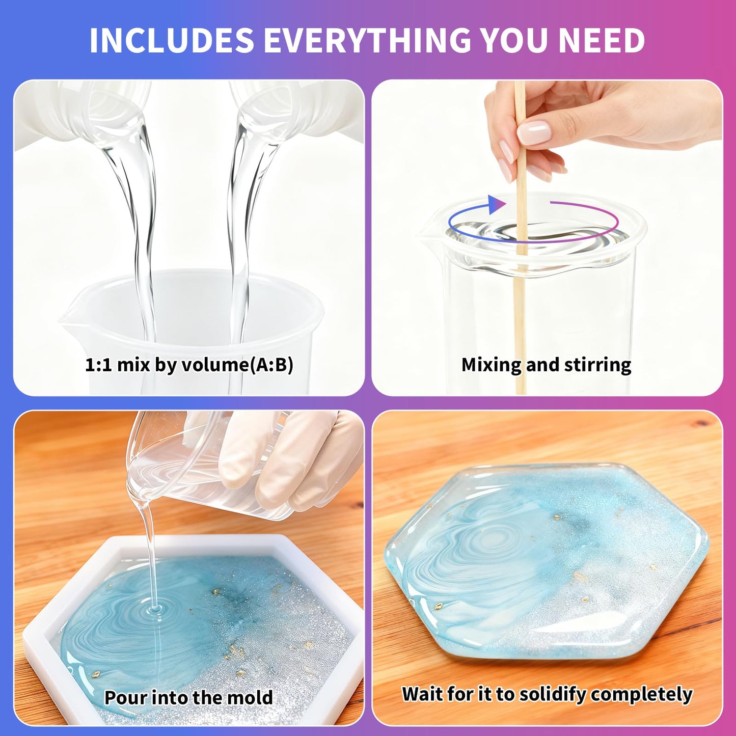 Minlebao Crystal Clear Epoxy Resin Kit 1 Gallon/3.8L, High Gloss Bubble-Free Coating & Casting for DIY Art, Accessory Making, River Tables - 1:1 Ratio with Measuring, Silicone Mold and Usage Tools (1gallon)