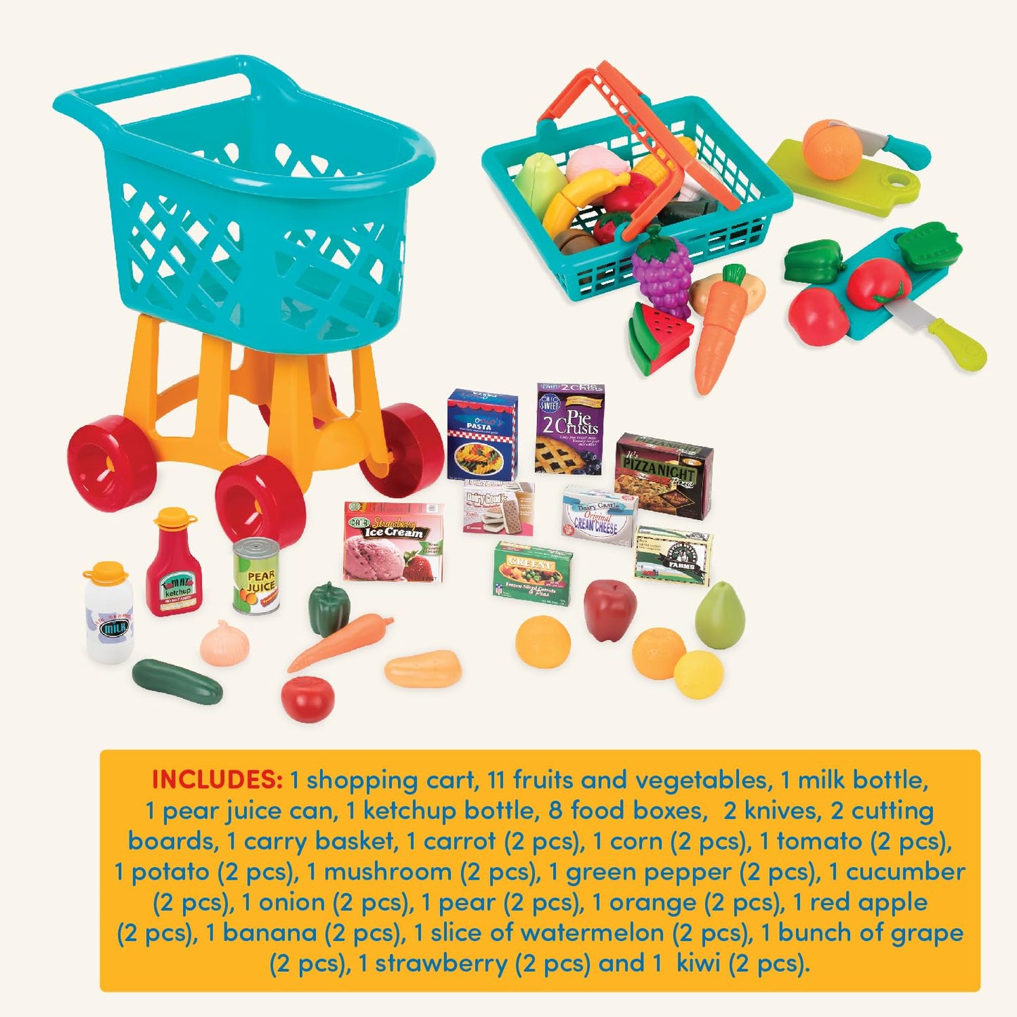 Battat – Deluxe Grocery Playset – Toy Food for Toddlers – Shopping Cart Toy – 20+ Pretend Food Items – 3+ Years– Shopping Cart & Groceries Bundle