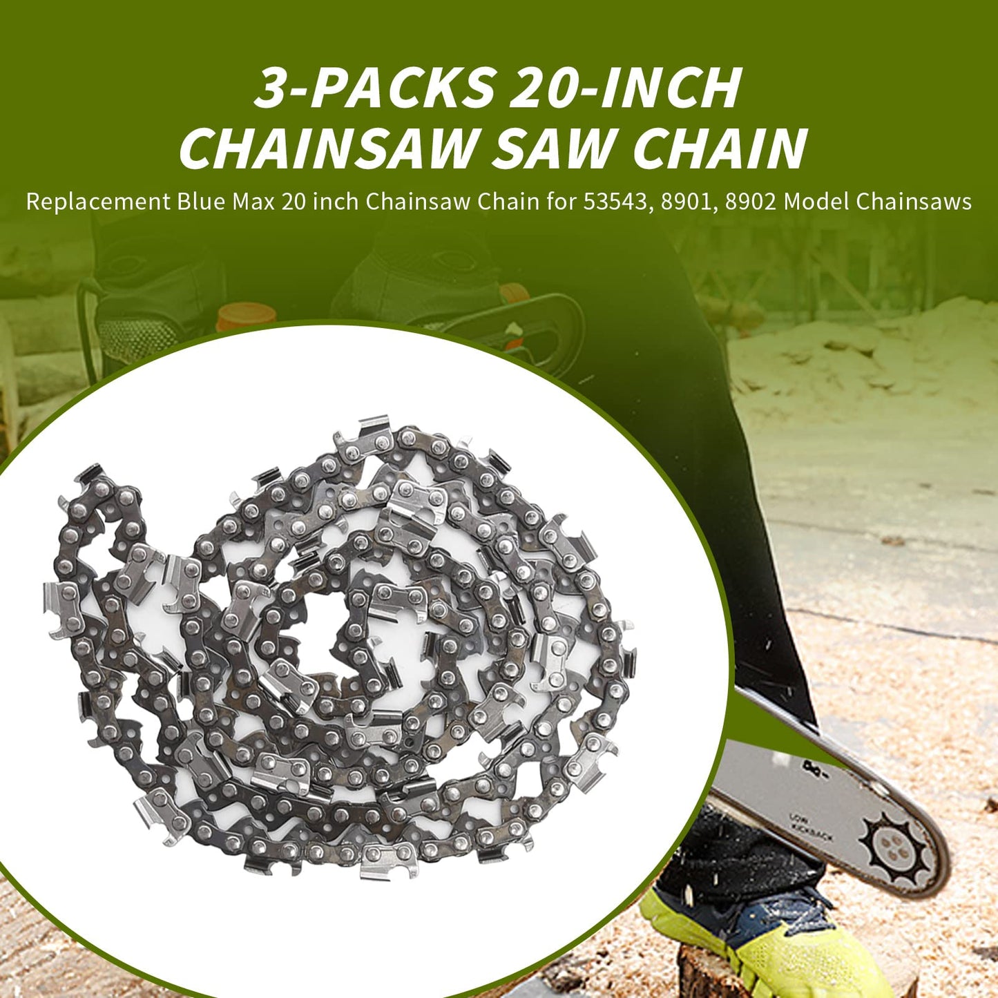 Anxingo 3 Pack 20" Chainsaw Chain 325" Pitch .058" Gauge 76DL Replacement for Blue Max 53543 8901 8902 Replacement for Husqvarna Stihl Poulan Craftsman Chainsaws