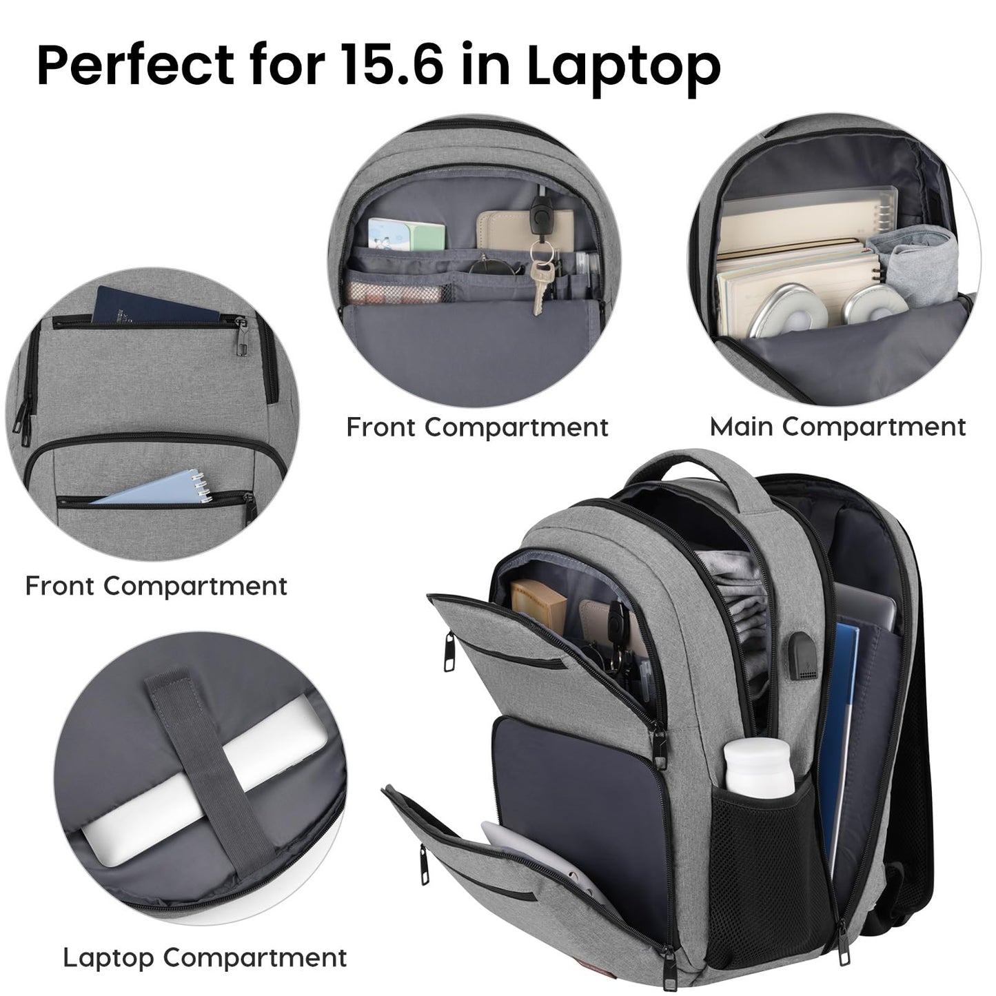 Backpack for Men and Women, School Backpacks for Teen Boys Water Resistant TSA Travel Backpack with USB Charging Port, Business Anti Theft Computer Bag Gifts Fits 15.6 Inch Laptop, Grey