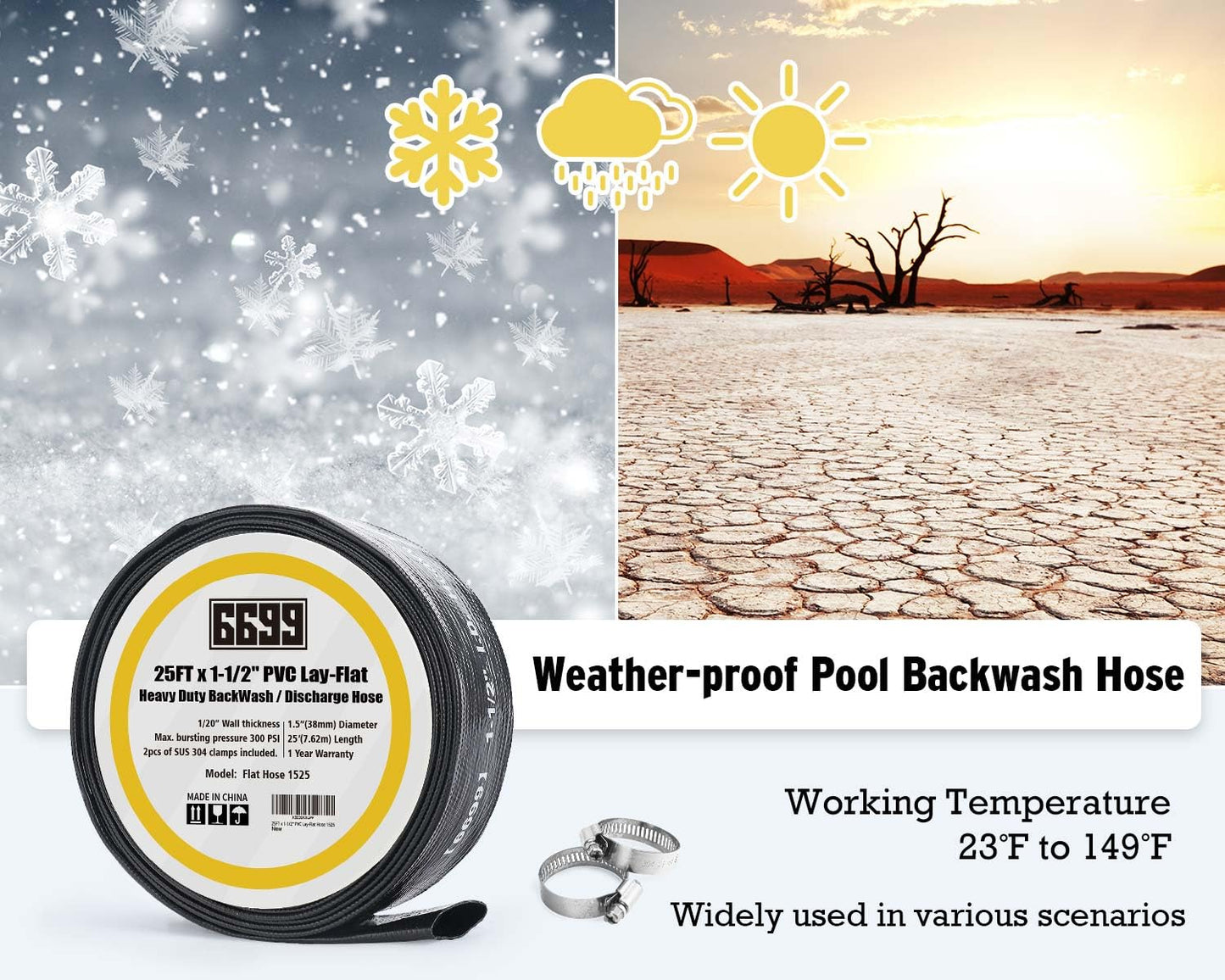 6699 Water Discharge Hose 1-1/2” ID PVC Lay Flat 25FT Length with Clamps Heavy Duty Backwash Hose Easy Installation for Swimming Pools Pump Accessory Household Drainage Kit