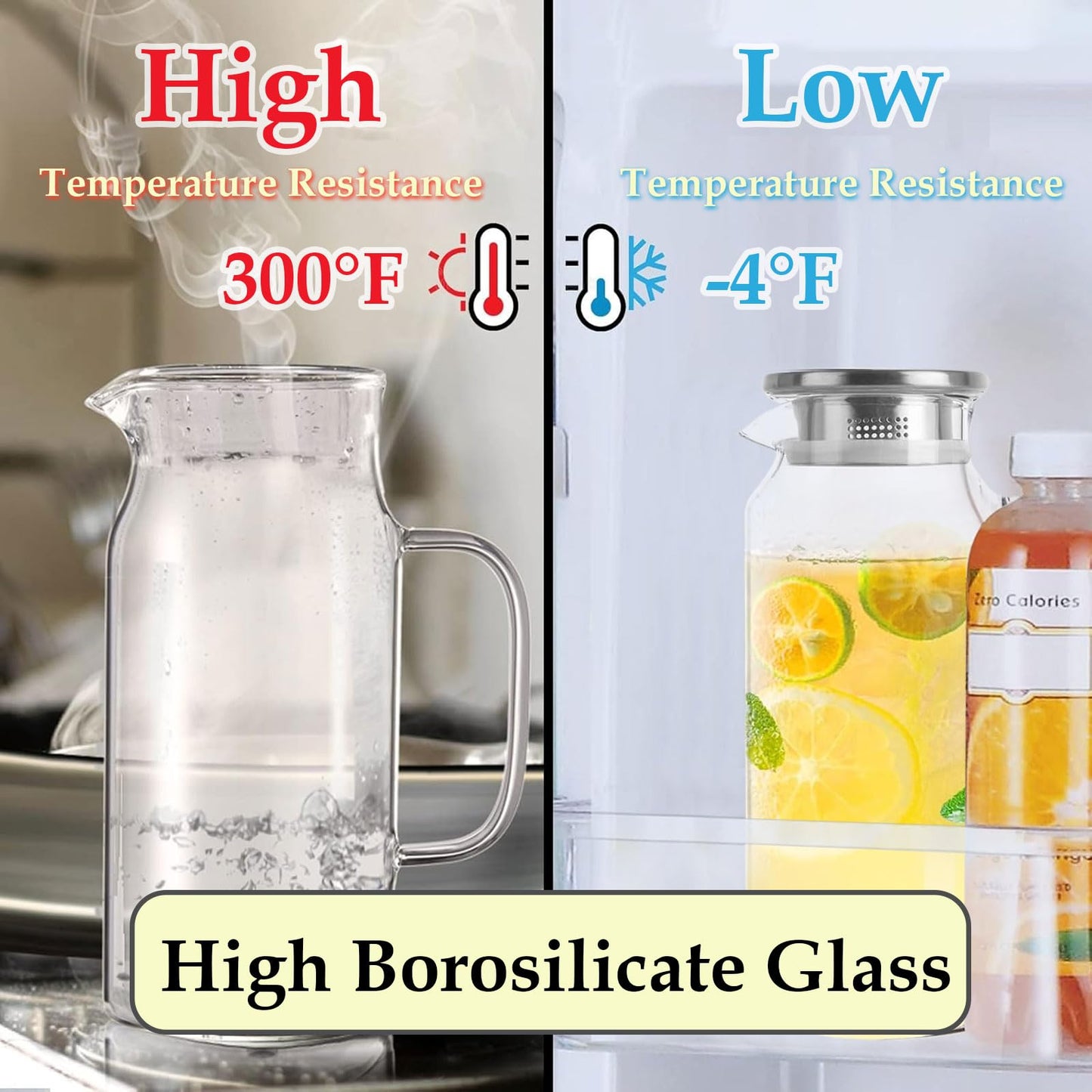 Wexlerey 2 Pack 2 Liter/68 oz Glass Pitcher with Lid and Spout,Wide Mouth Water Pitcher with Handle Heat Resistant,Glass Water Jug Carafe Juice Container for Hot/Cold Drink,Iced Tea,Milk,Coffee