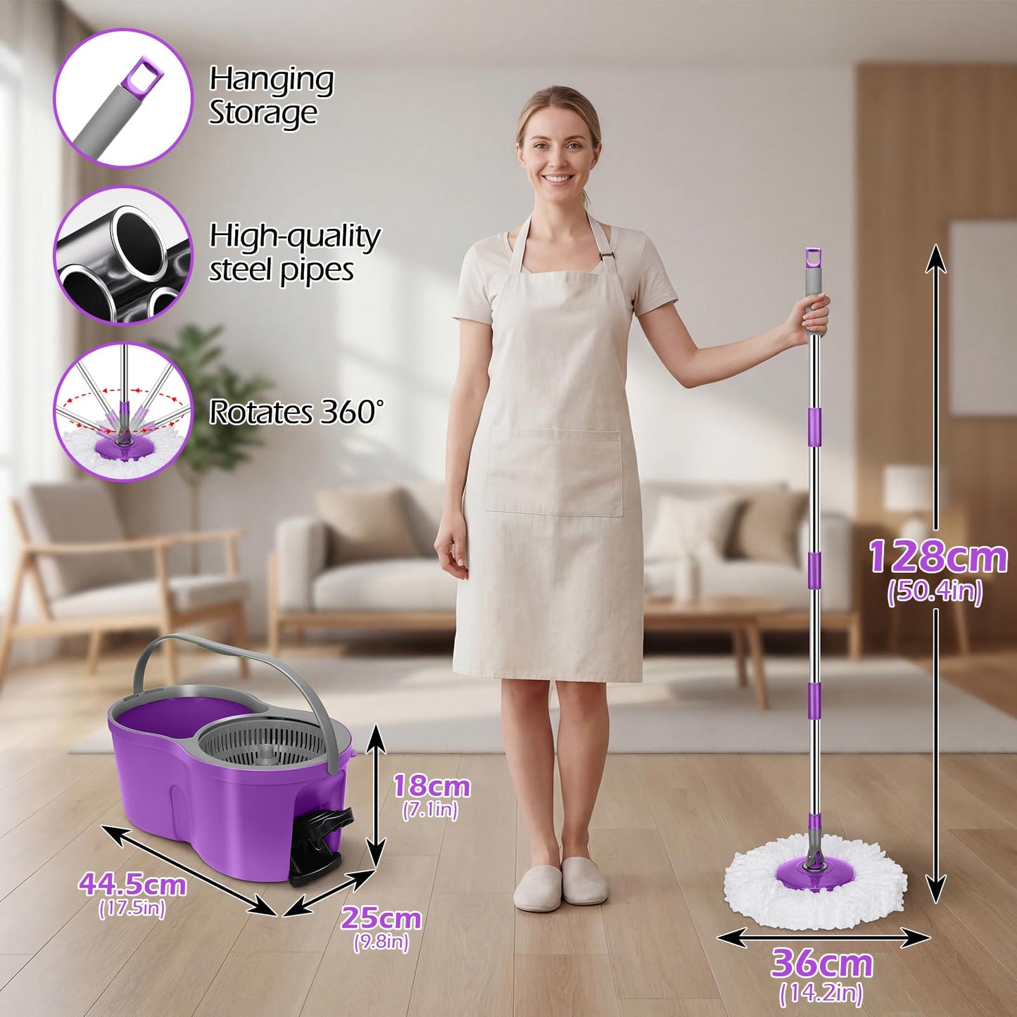 Almcmy Spin Mop and Bucket Set, Mop Bucket with Foot Pedal Wringer System, 3 Reusable Mop Refills, 130cm Long Handle, Easy Wring Magic Mop Floor Cleaning System, Purple